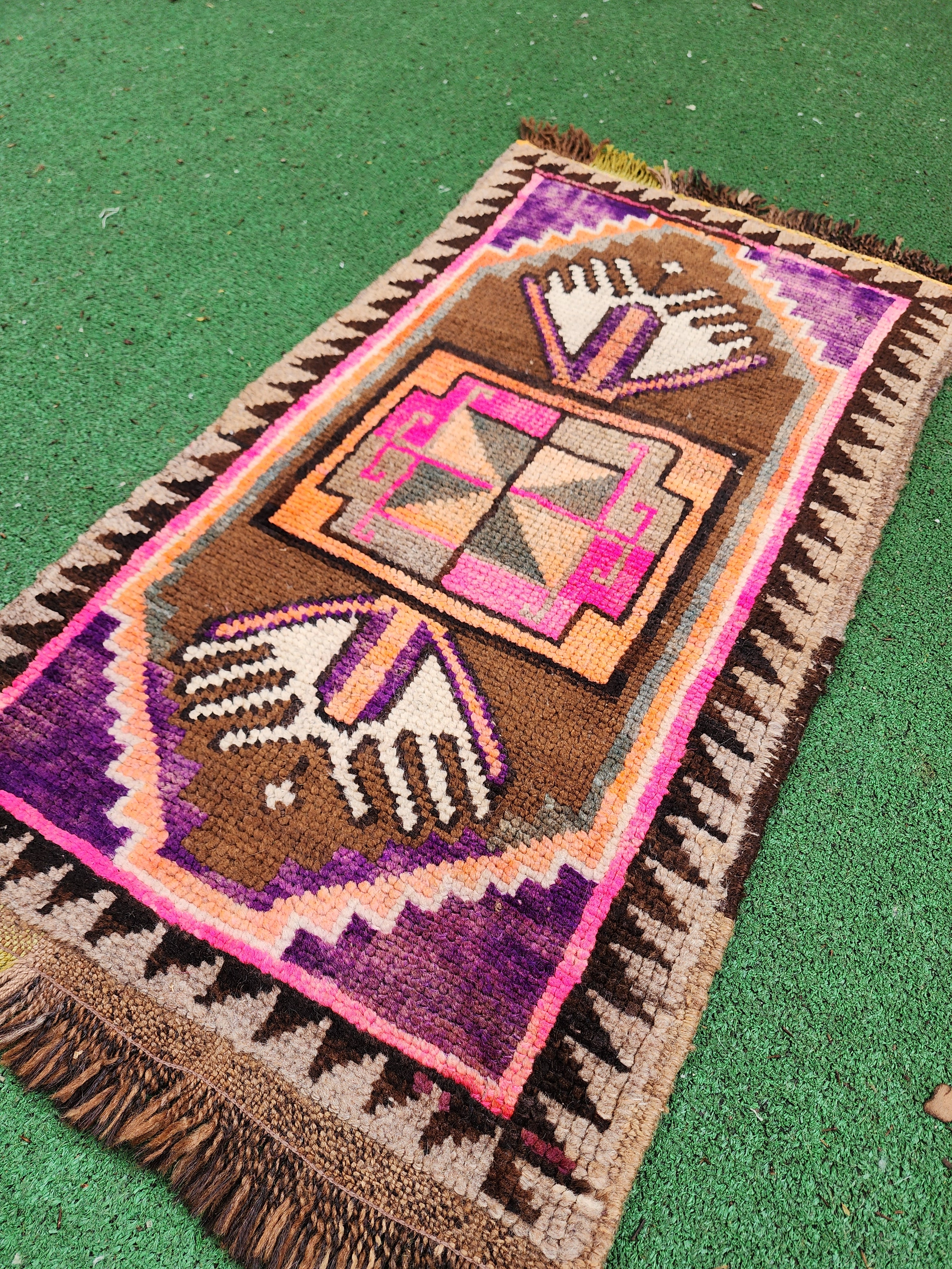 Small Size Brown, Purple and Pink Turkish Rug,  ''3''x1'8''