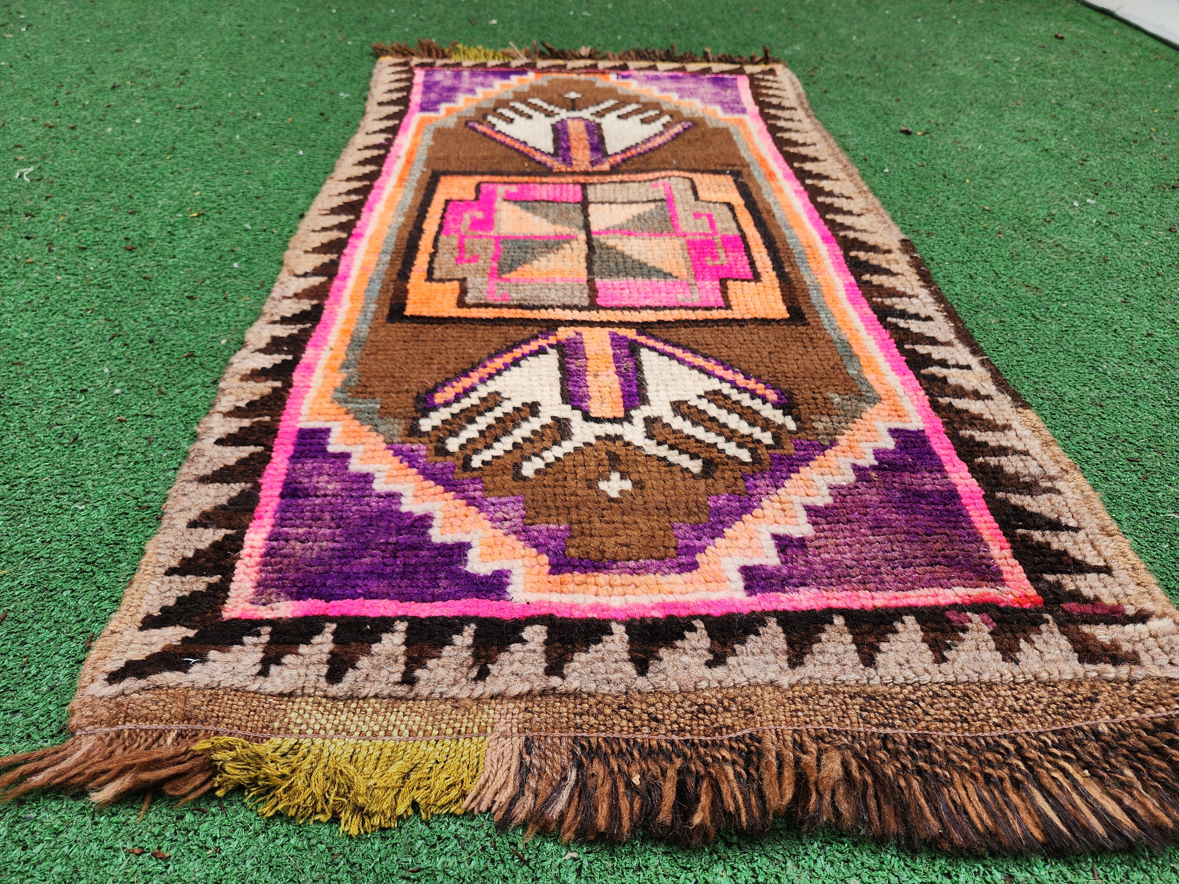 Small Size Brown, Purple and Pink Turkish Rug,  ''3''x1'8''