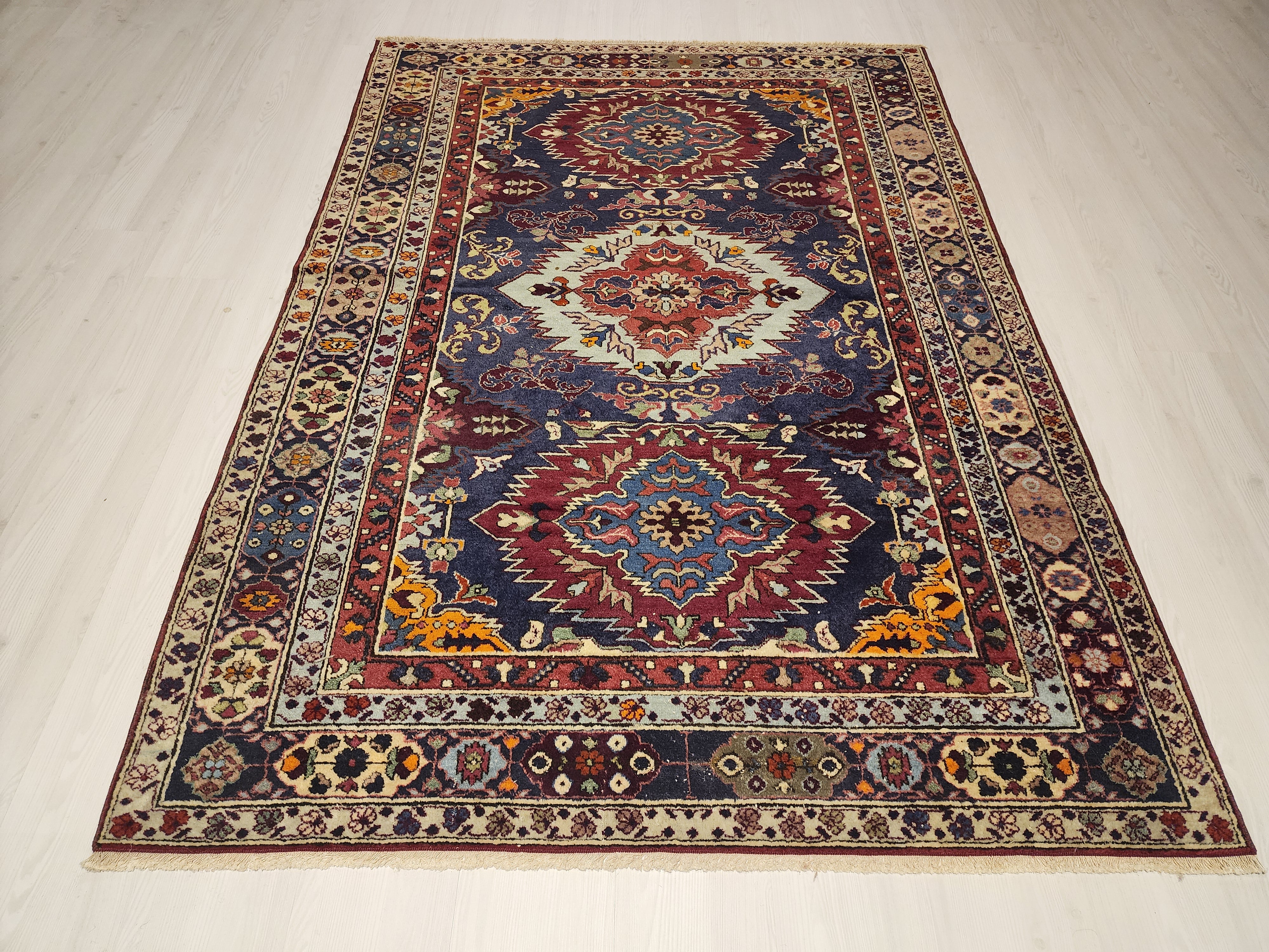 Vintage Caucasian Area Rug 6'10'' x 4'10'' Vintage Turkish Tribal Natural Wool Rug, Recycled Oriental Design Rustic Bohemian Floor Rug