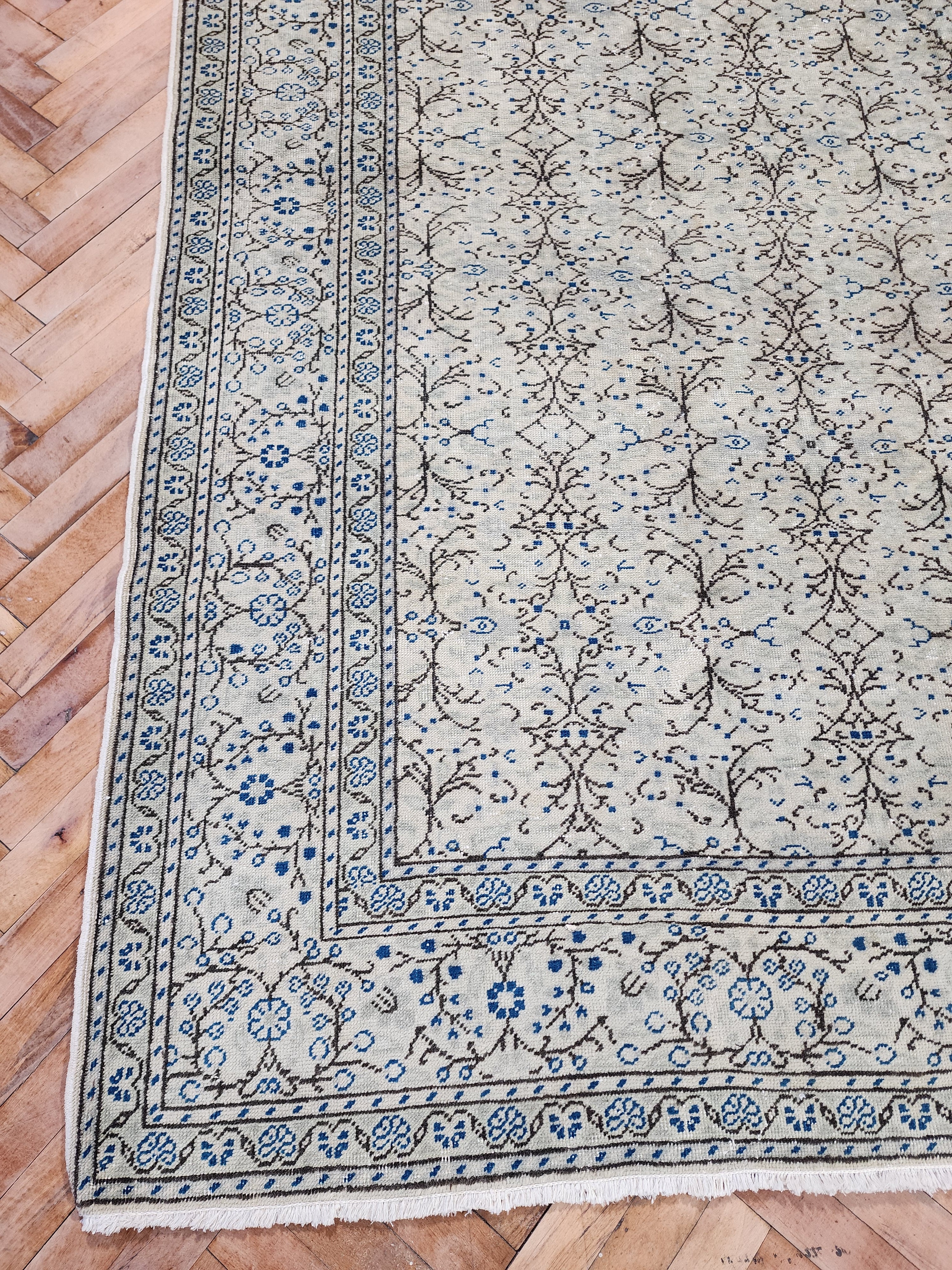 Floral Turkish Kayseri Rug, Handwoven Natural Wool Boho Rustic Decor Living Room Rug 9'7''x6'6''
