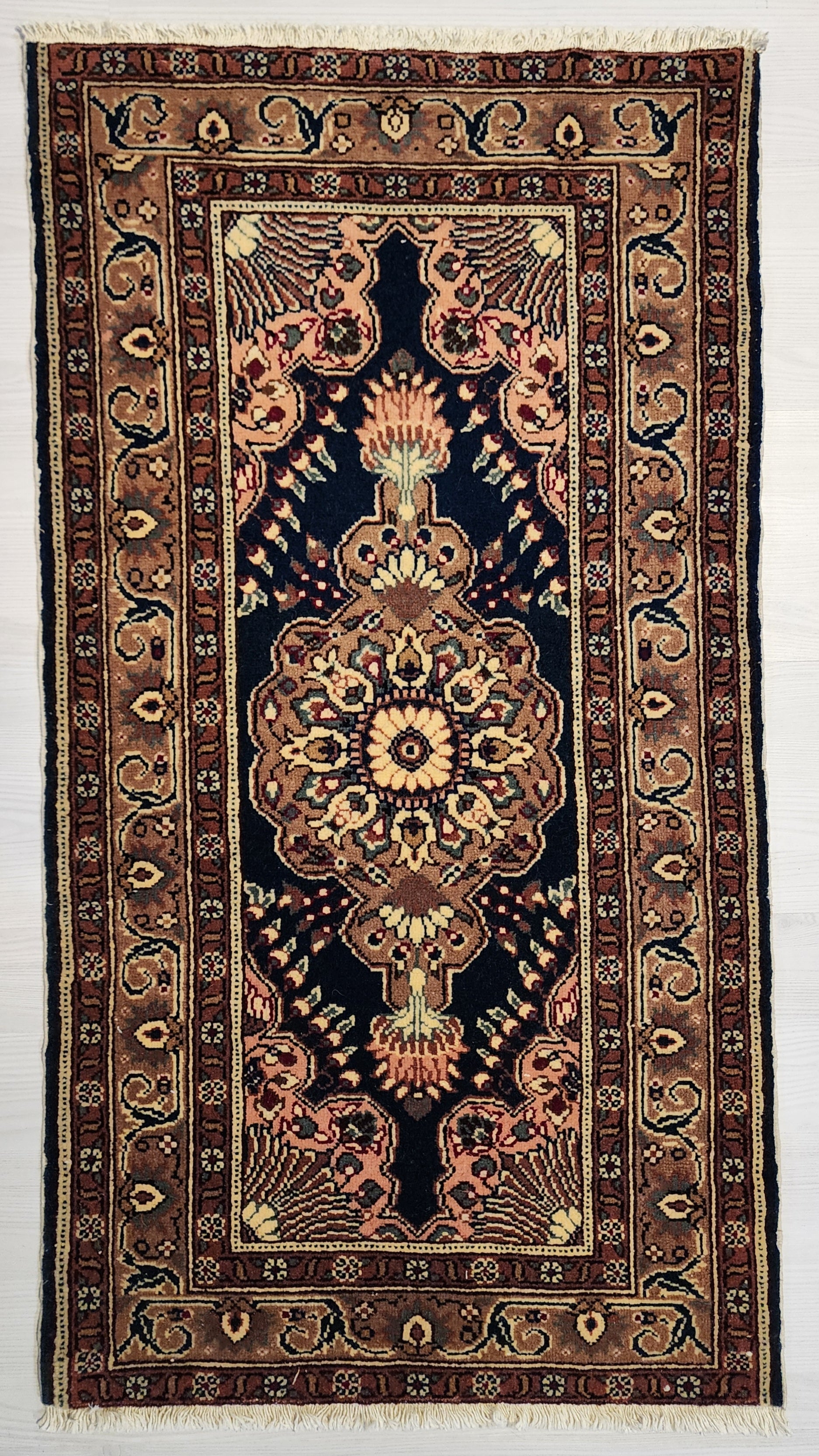 Vintage Turkish Kayseri Rug 3x2, Handwoven Oriental Accent Carpet, Dark Blue Floral Design