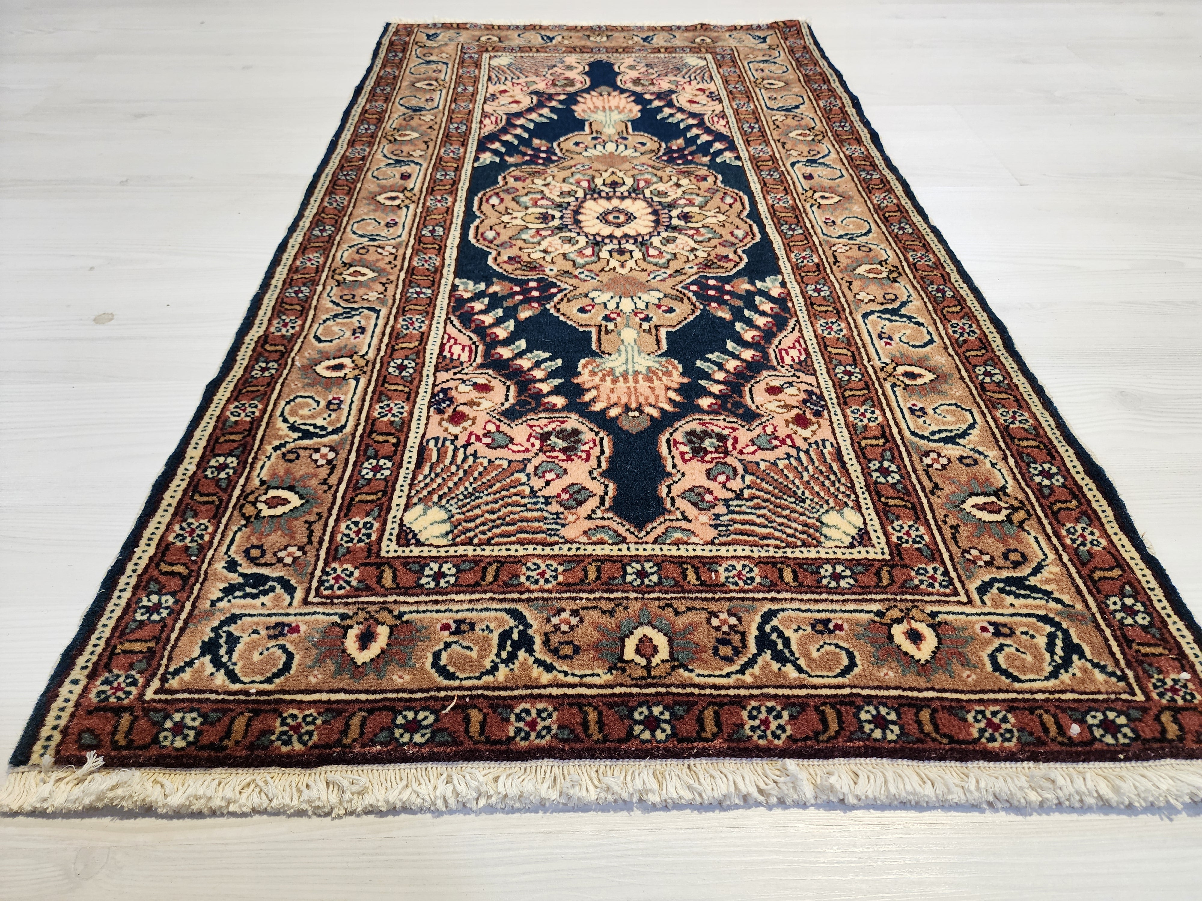 vintage Turkish Kayseri Rug 3x2, Handwoven Oriental Accent Carpet, Dark Blue Floral Design — styled view