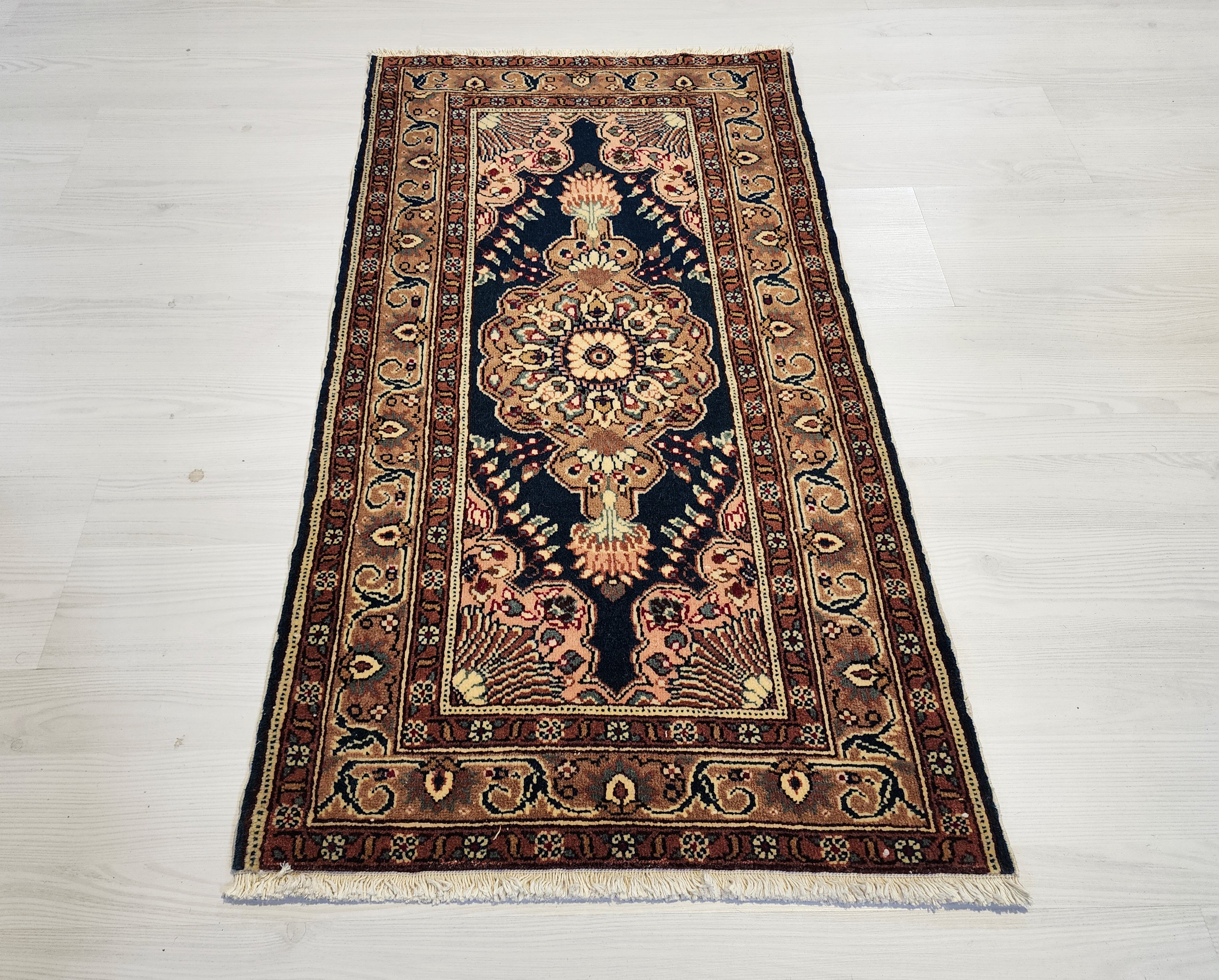 vintage Turkish Kayseri Rug 3x2, Handwoven Oriental Accent Carpet, Dark Blue Floral Design — pattern close-up