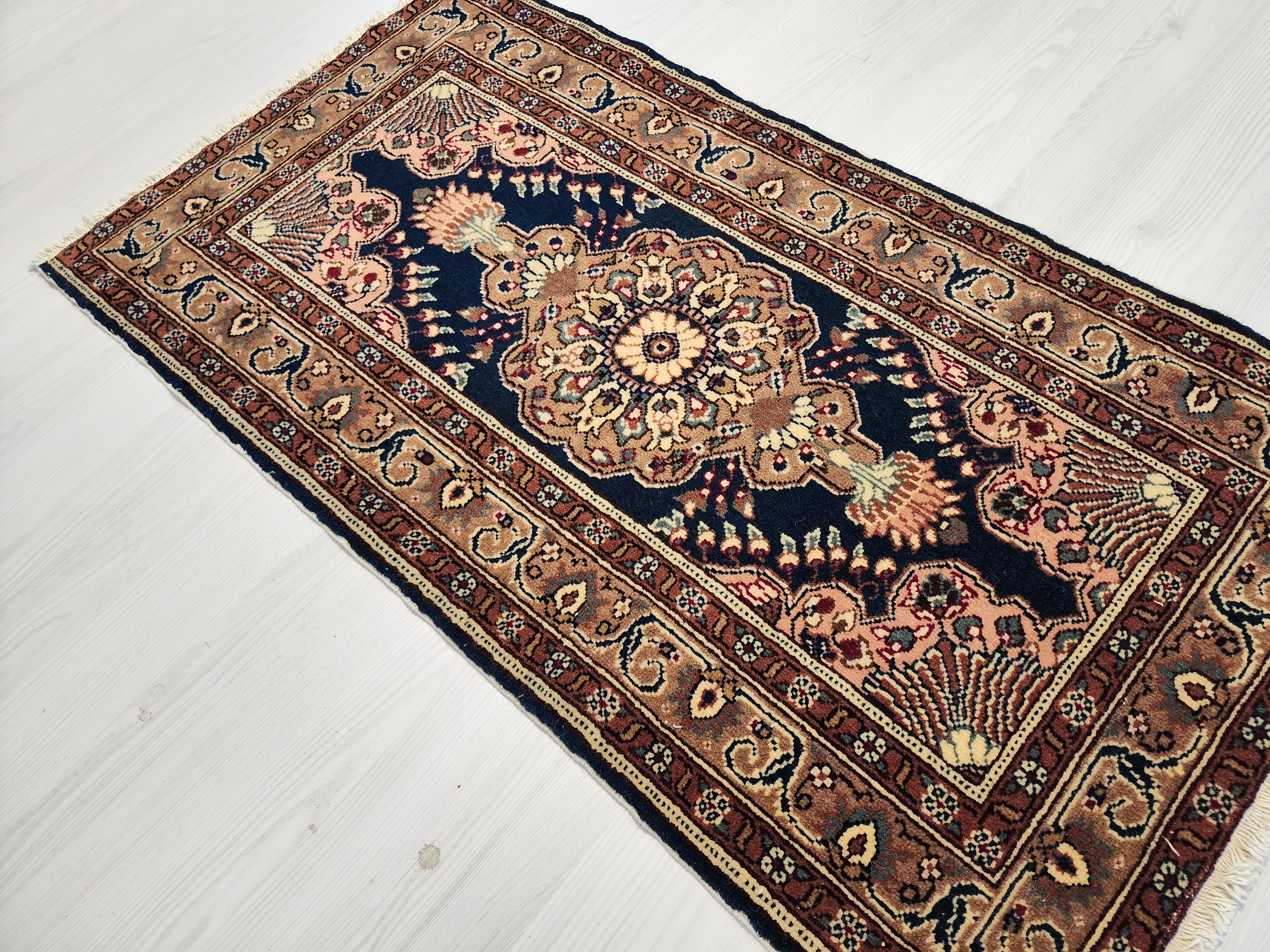 vintage Turkish Kayseri Rug 3x2, Handwoven Oriental Accent Carpet, Dark Blue Floral Design — in setting