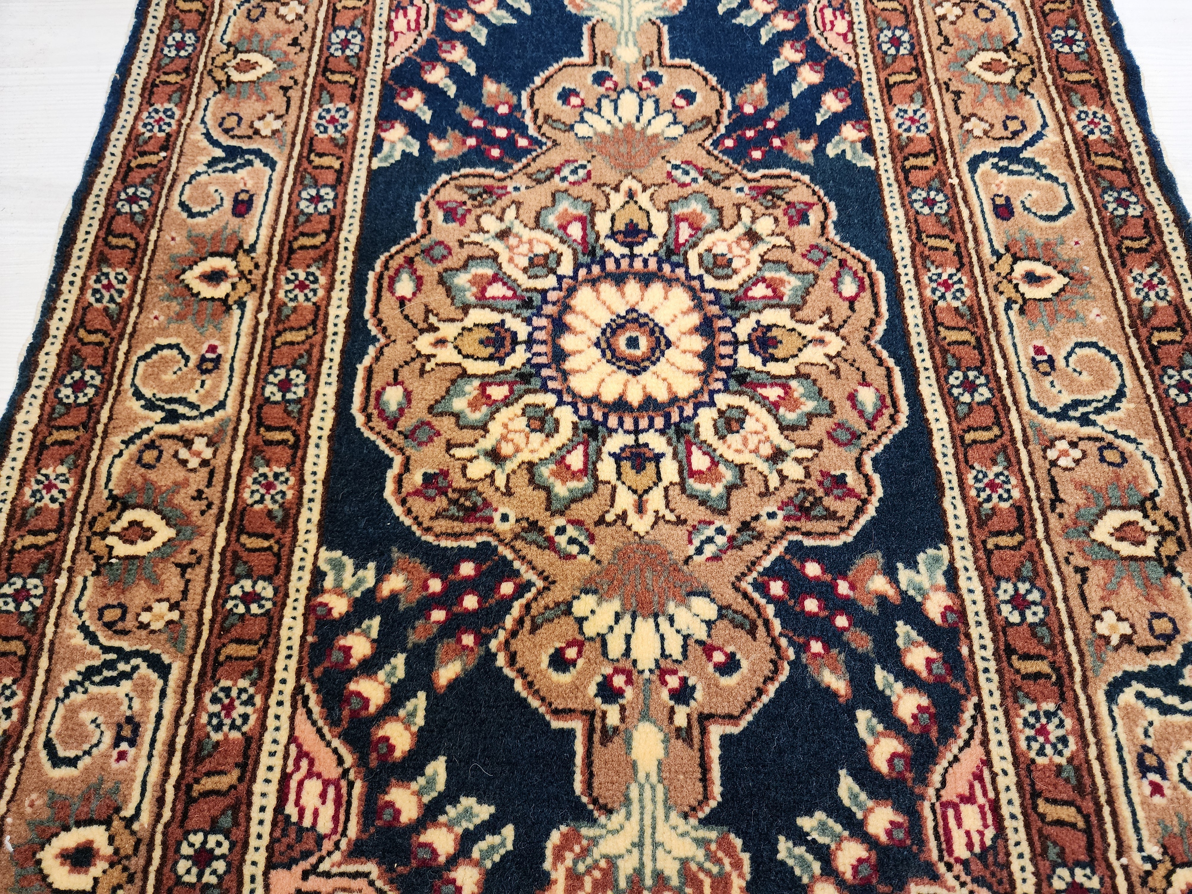 vintage Turkish Kayseri Rug 3x2, Handwoven Oriental Accent Carpet, Dark Blue Floral Design — back view