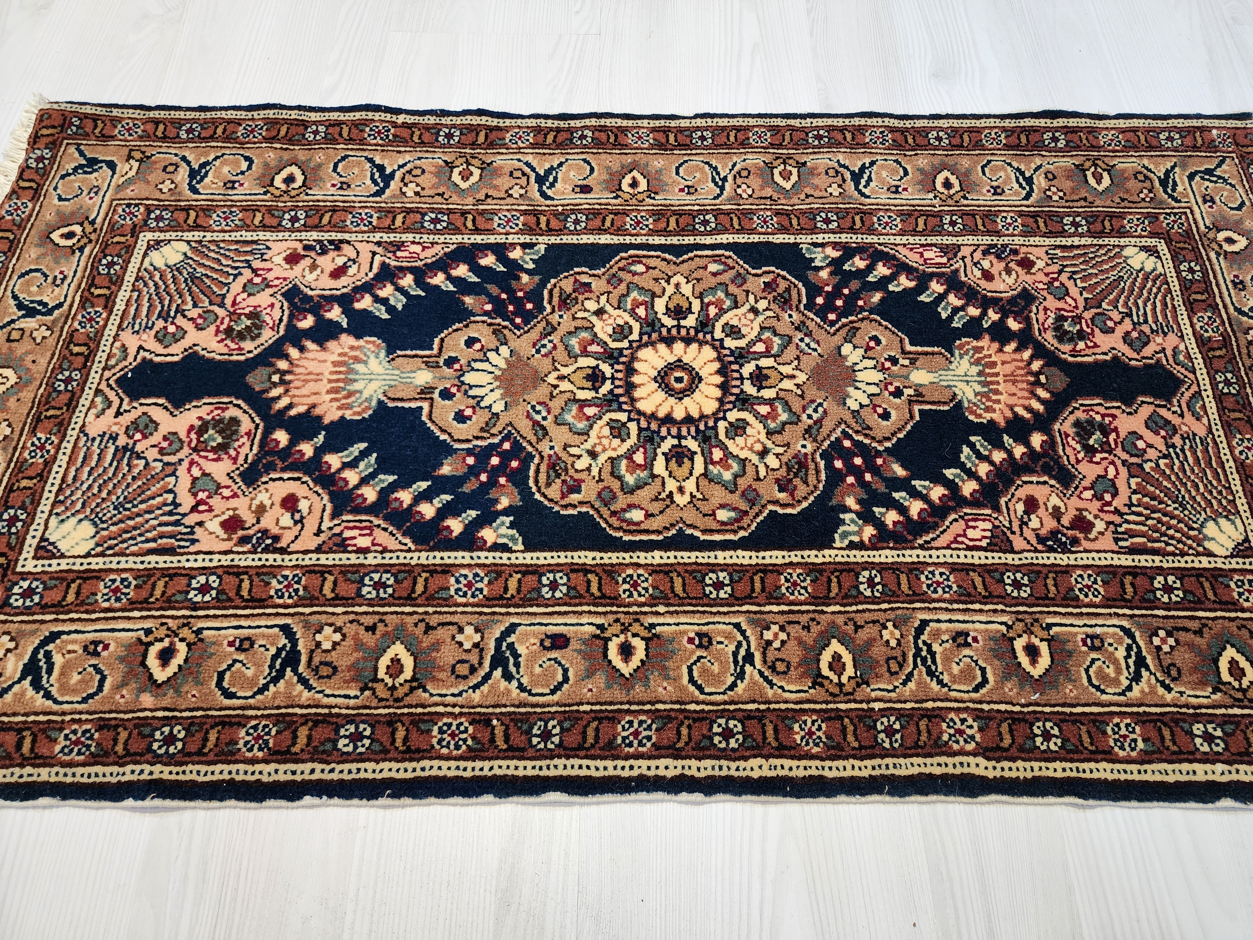 vintage Turkish Kayseri Rug 3x2, Handwoven Oriental Accent Carpet, Dark Blue Floral Design — colour close-up