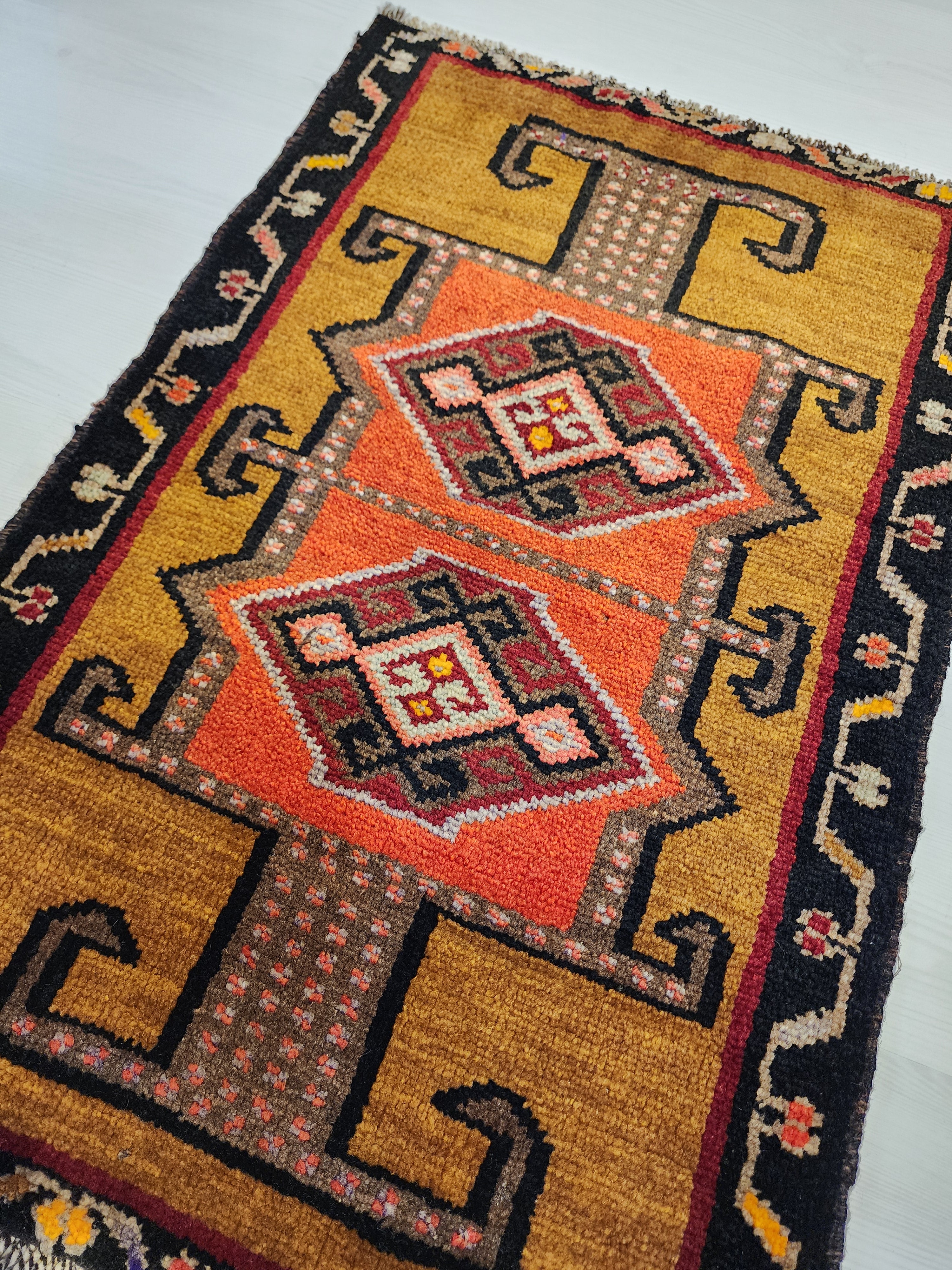 vintage Kars Kurdish Rug, Handwoven Anatolian Wool Tribal Carpet, Boho Rustic Decor (2'11" x 1'11") — back view