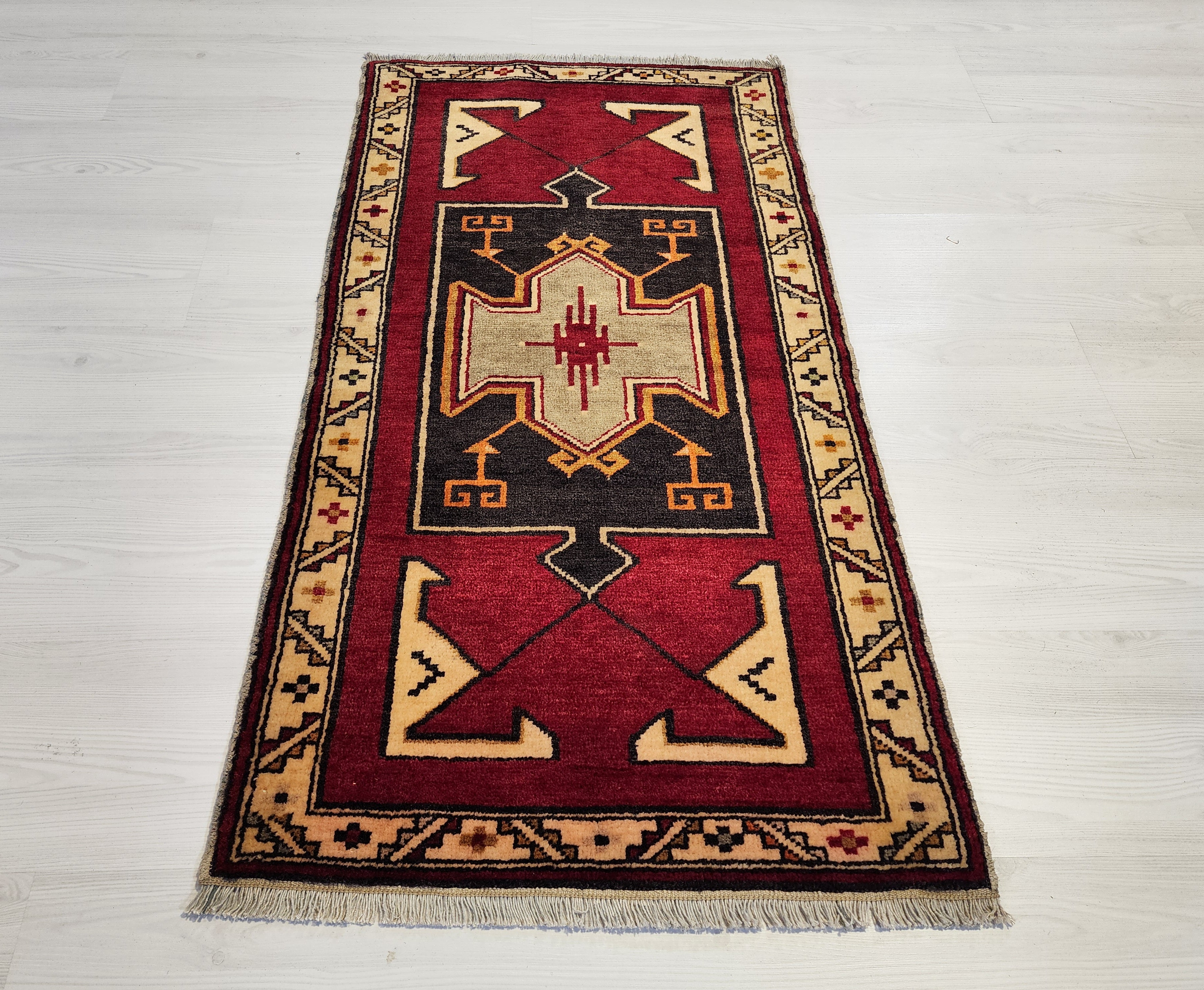 vintage Kurdish Malatya Rug, Handmade Anatolian Tribal Wool Carpet, Rustic Boho Decor (2'4'' x 3'8'' — pattern close-up