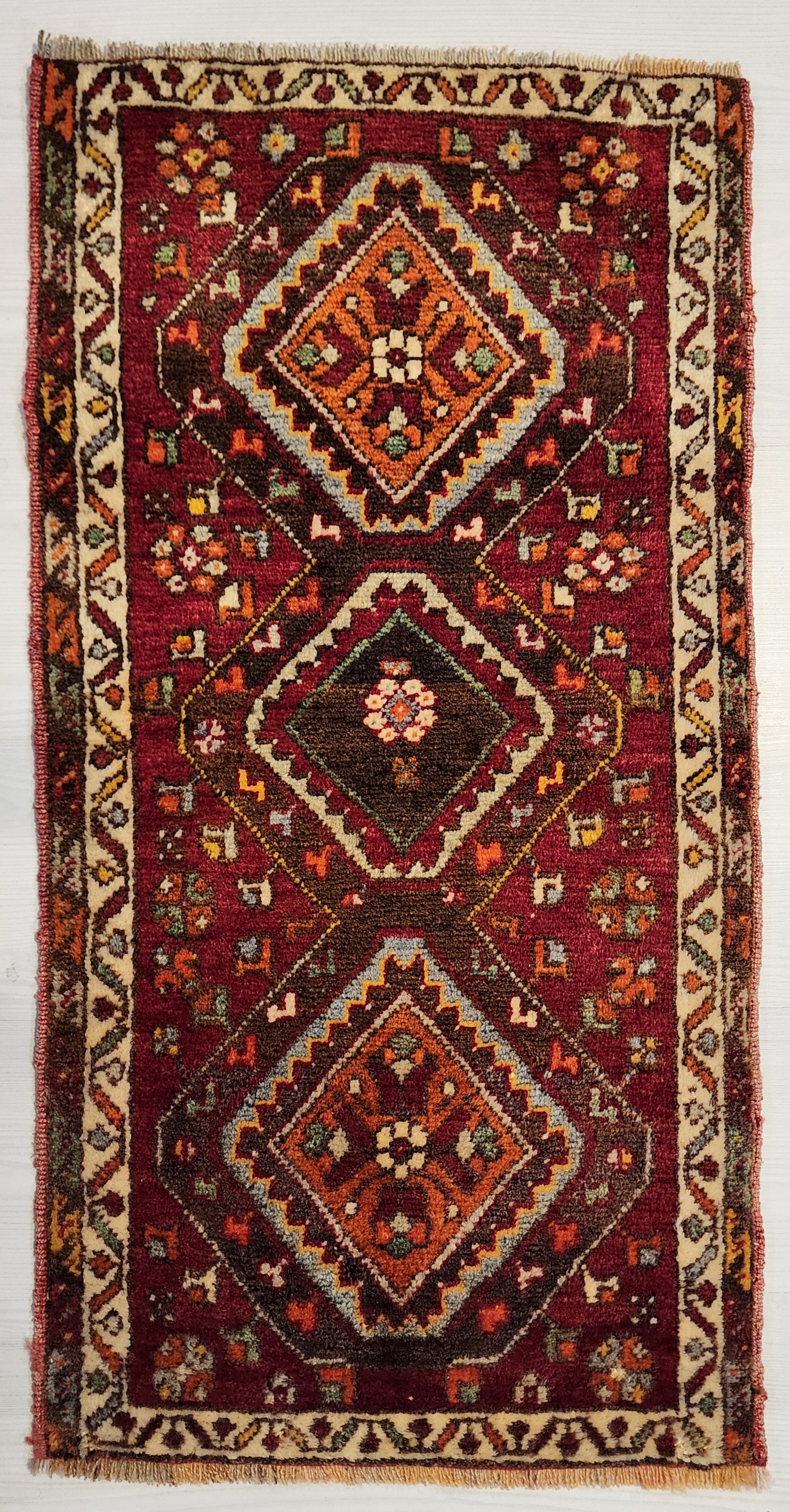 Antique Handmade Sivas Rug Red Orrange and Brown, 1'11'' x 3'8''