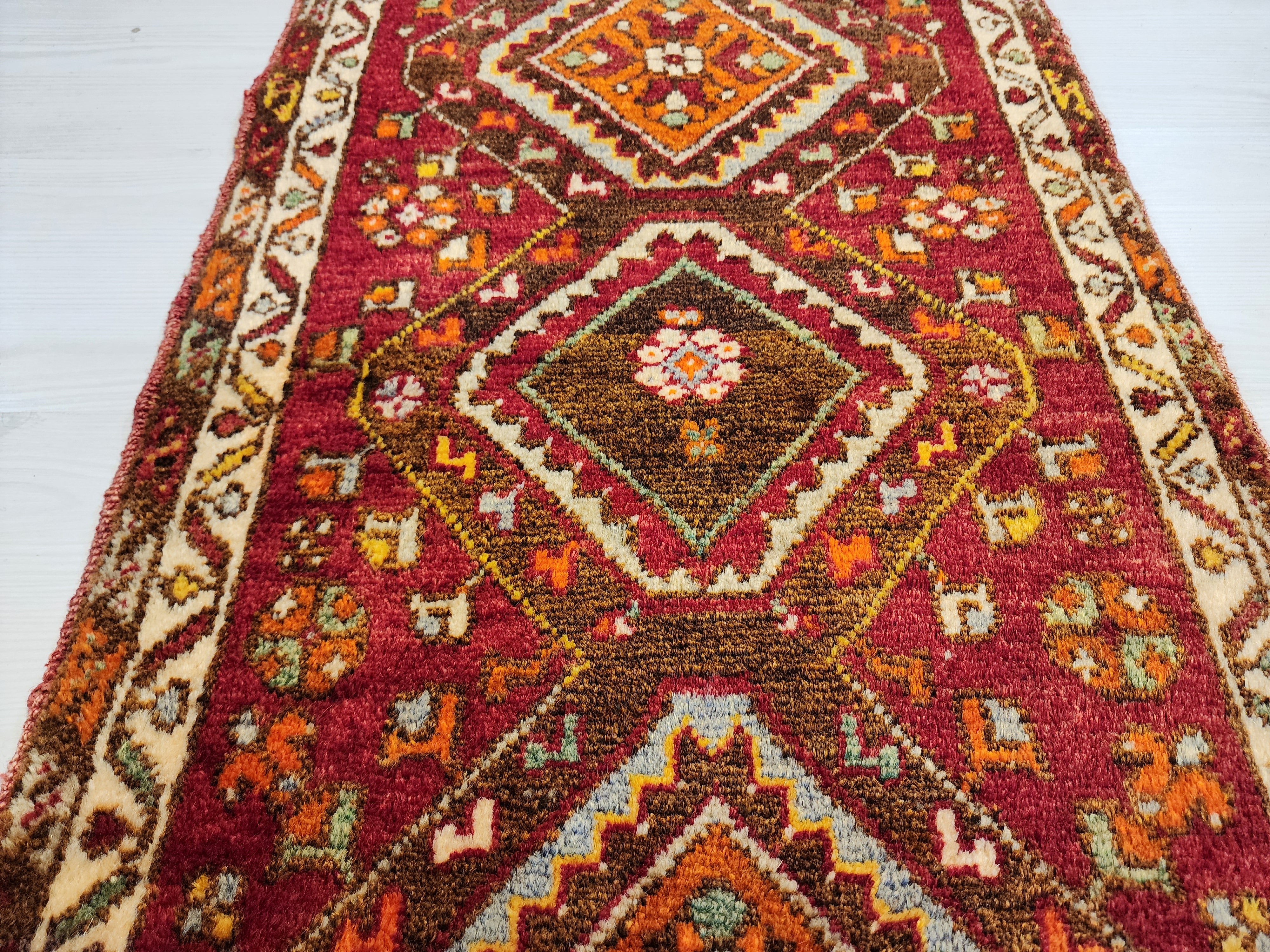 antique Handmade Sivas Rug Red Orrange and Brown, 1'11'' x 3'8'' — in setting