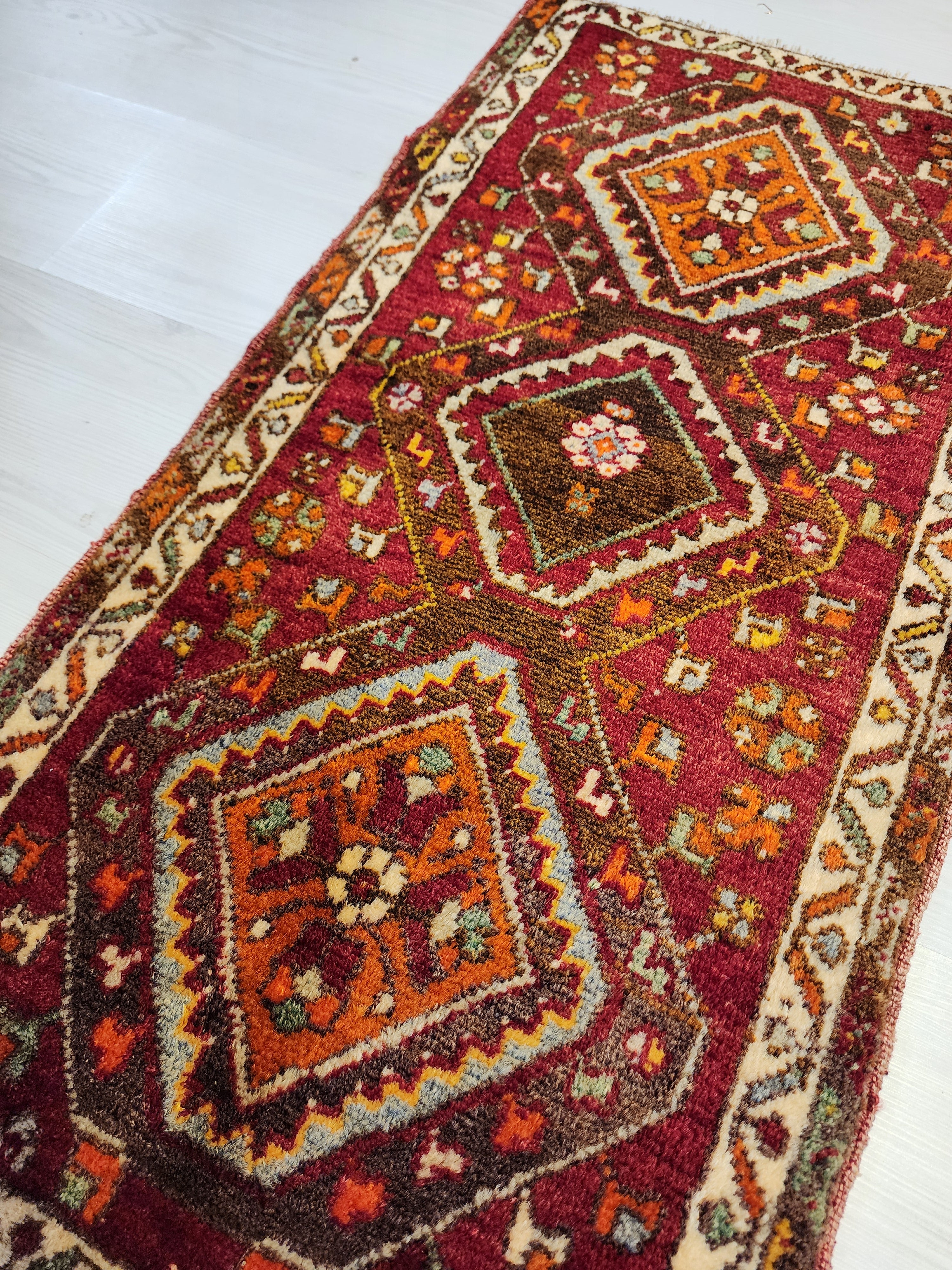 antique Handmade Sivas Rug Red Orrange and Brown, 1'11'' x 3'8'' — back view