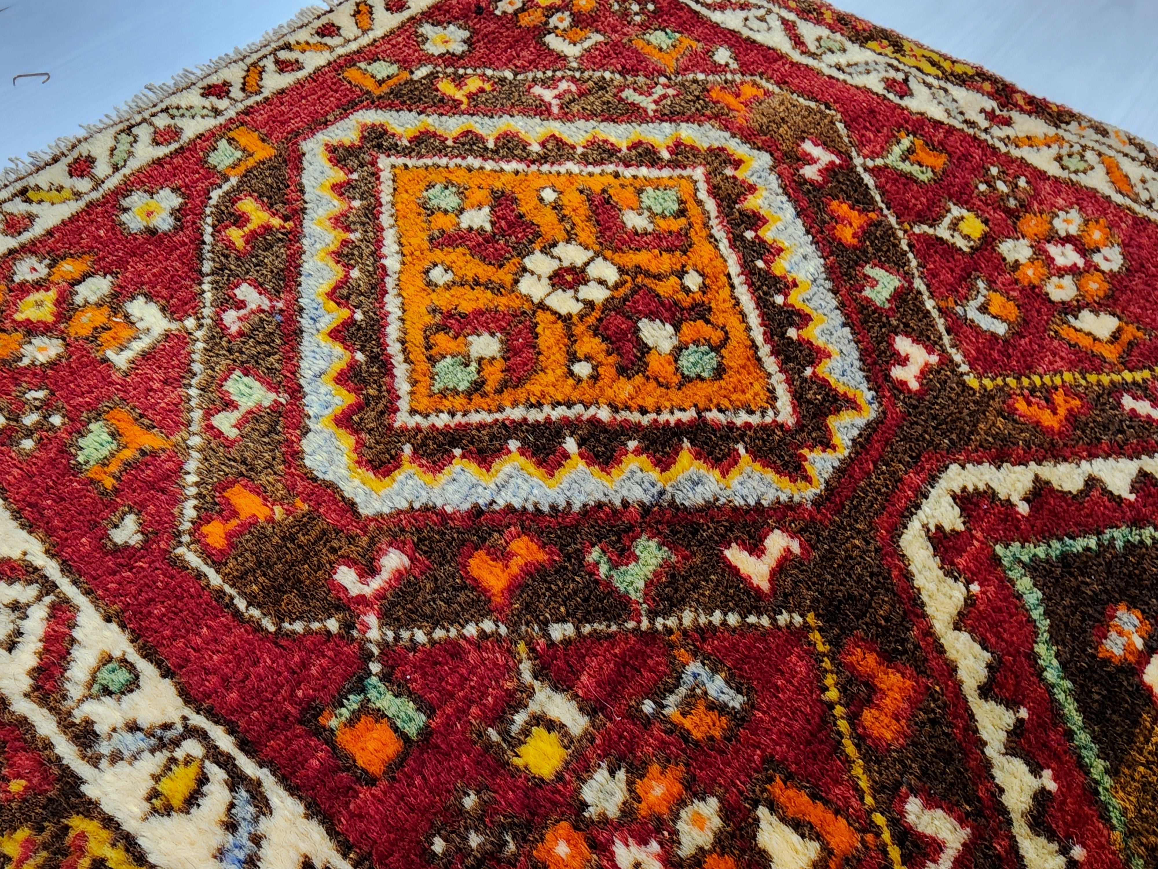 antique Handmade Sivas Rug Red Orrange and Brown, 1'11'' x 3'8'' — border pattern
