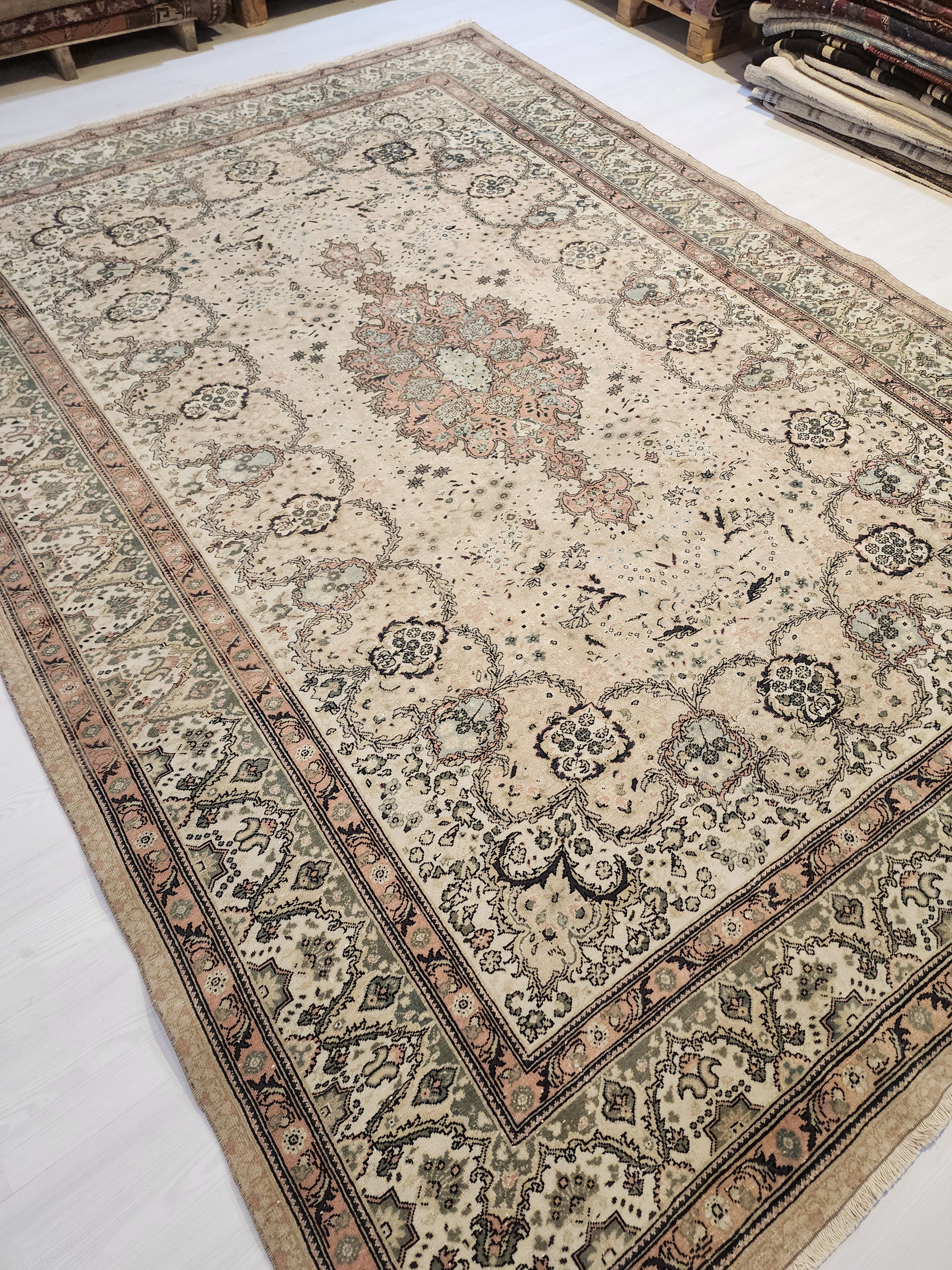 Floral Turkish Kayseri Rug, 10x7, Handwoven Wool, Faded Oriental Design
