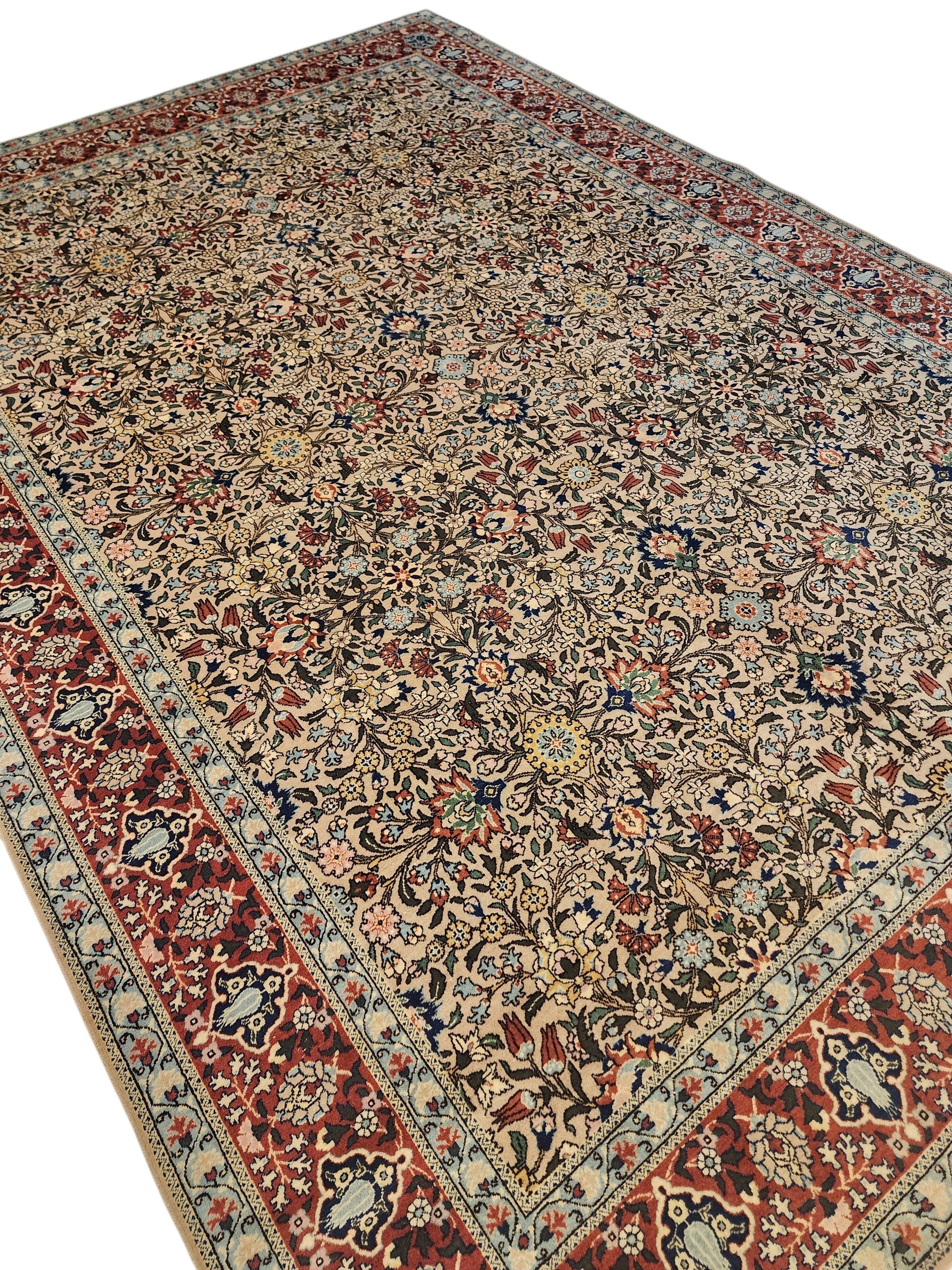 Vintage Hereke Wool Rug, Hand-Knotted Floral Carpet, Cream Red Ottoman Design
