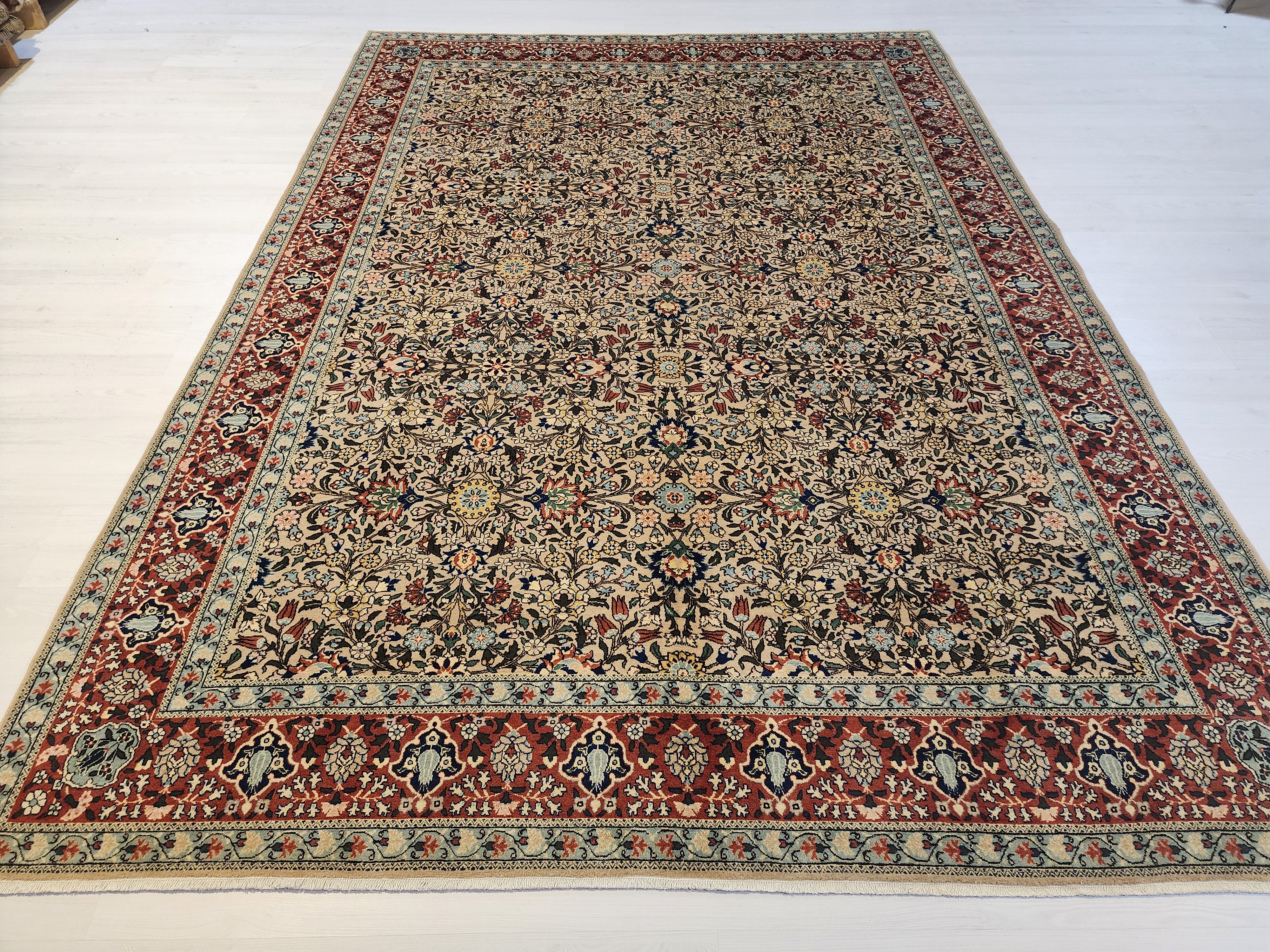 Vintage Hereke Wool Rug, Hand-Knotted Floral Carpet, Cream Red Ottoman Design