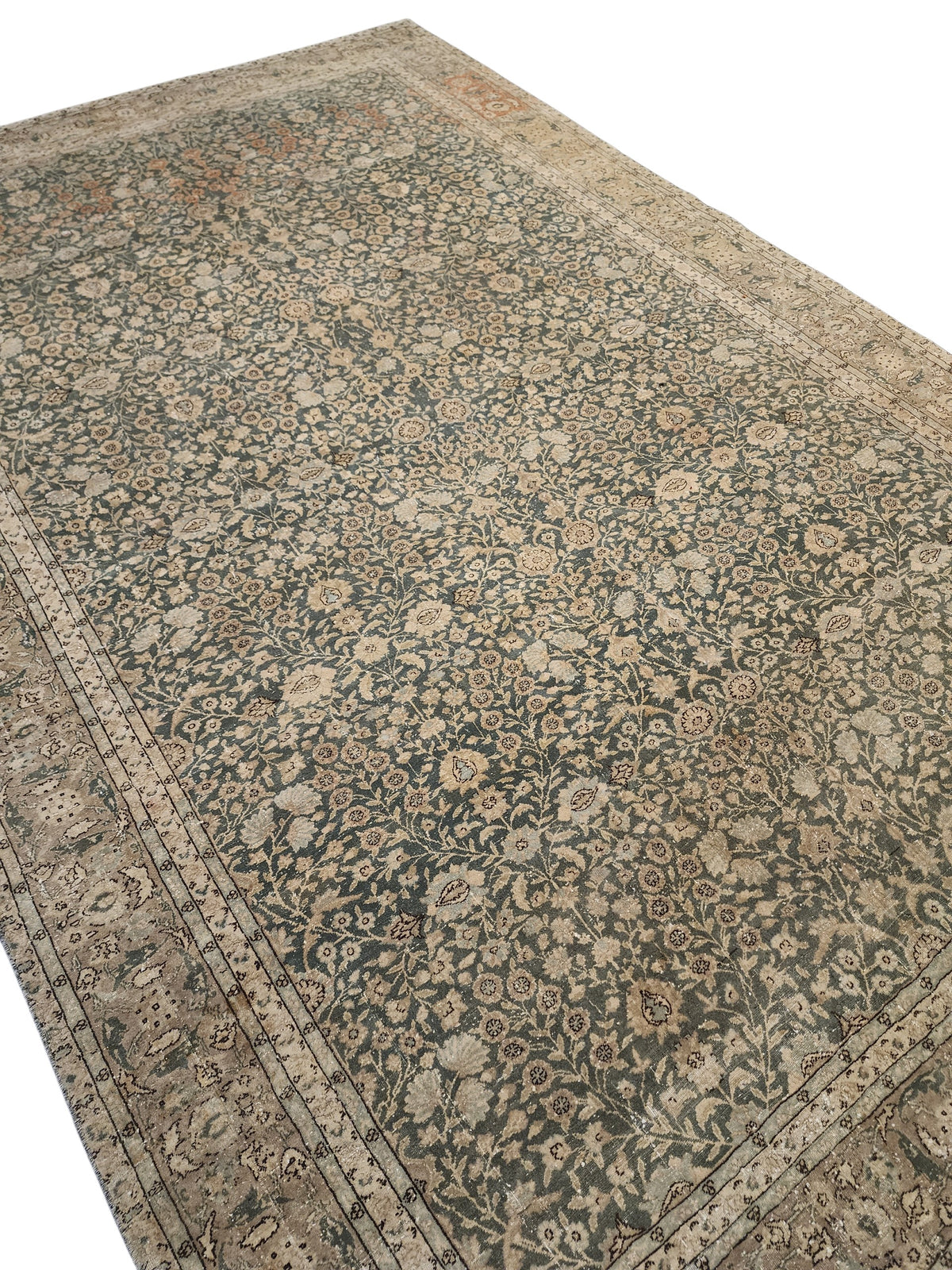 Vintage Turkish Hereke Rug, Fine Fine-Knotted Muted Green Beige Area Rug, 6'5''x9'9''