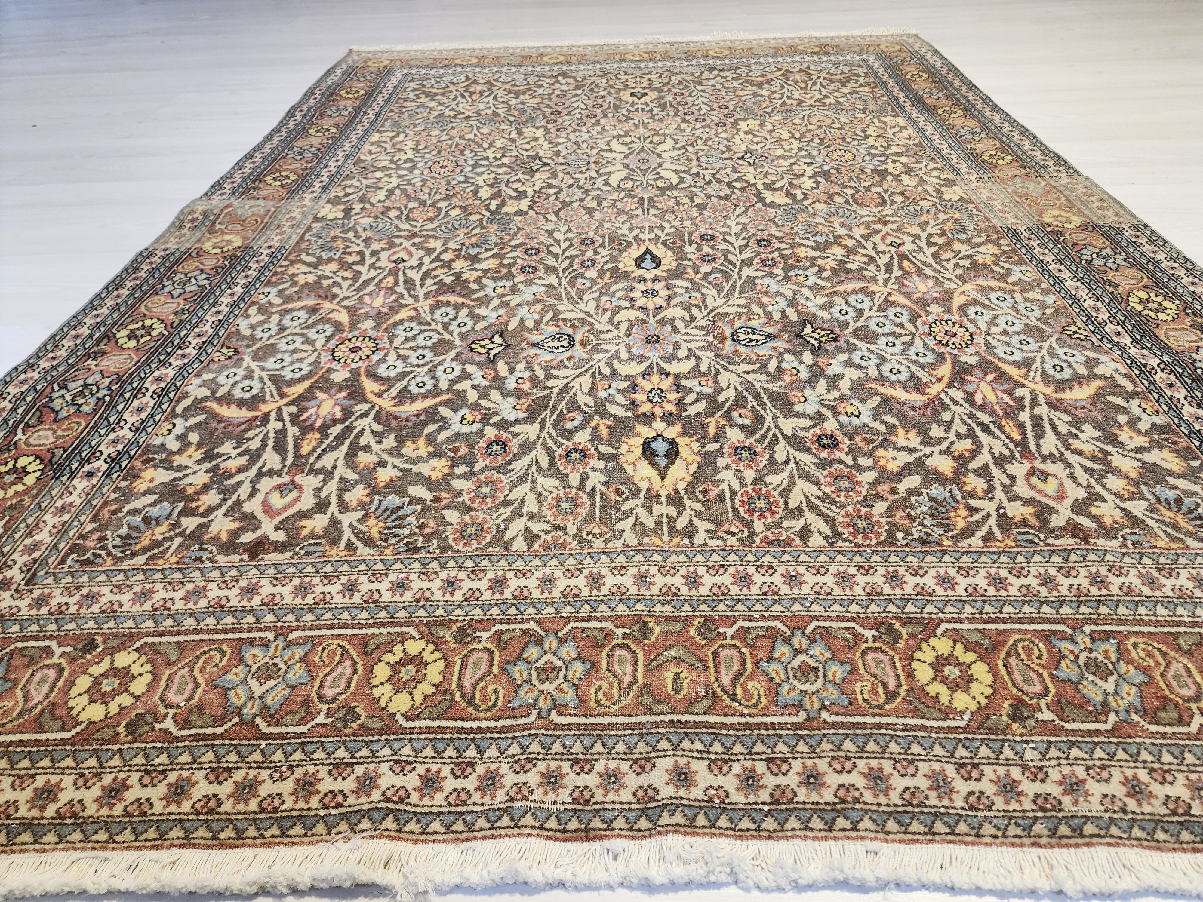 Vintage Hereke Rug, Fine Turkish Wool Silk Floral Area Rug, Traditional Oriental Living Room