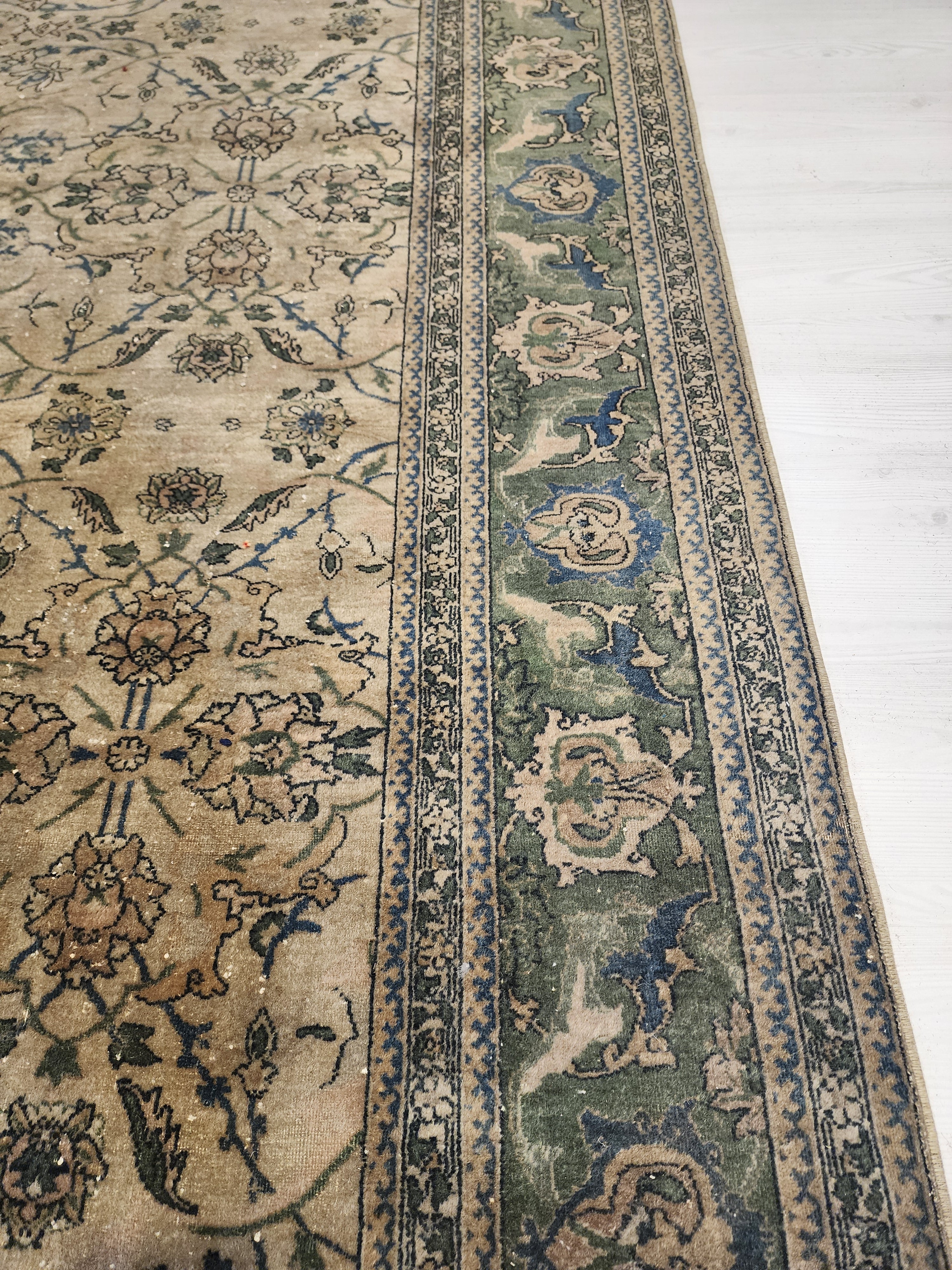 Lampsacena — Vintage Turkish Hereke Rug, Muted Sage Green Floral Area Rug (7'10'' x 10'11'')