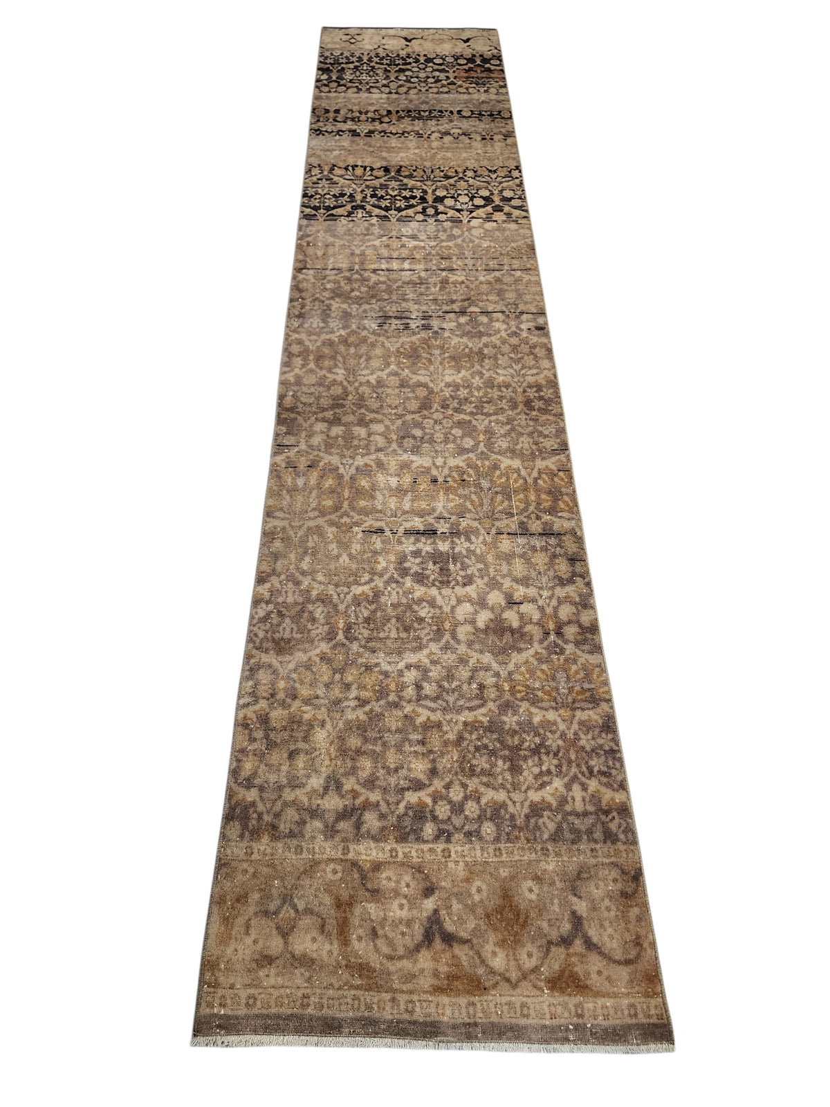 Vintage Turkish Hereke Runner Rug, Handknotted Wool, Muted Beige Brown Floral (2.2x10.3 ft)