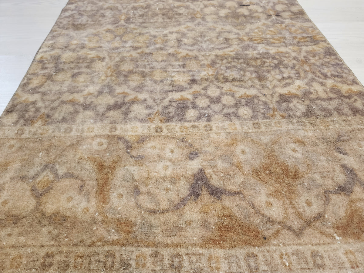 Vintage Turkish Hereke Runner Rug, Handknotted Wool, Muted Beige Brown Floral (2.2x10.3 ft)