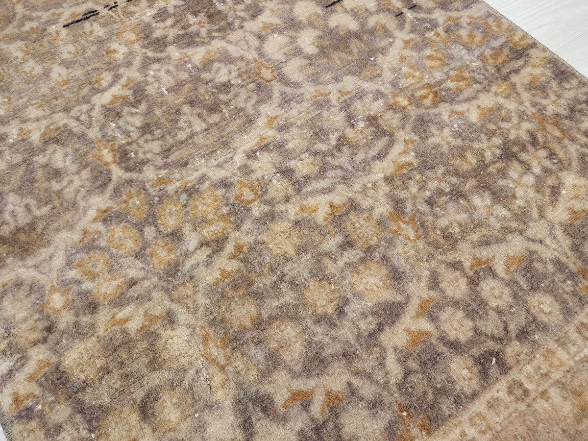 Vintage Turkish Hereke Runner Rug, Handknotted Wool, Muted Beige Brown Floral (2.2x10.3 ft)