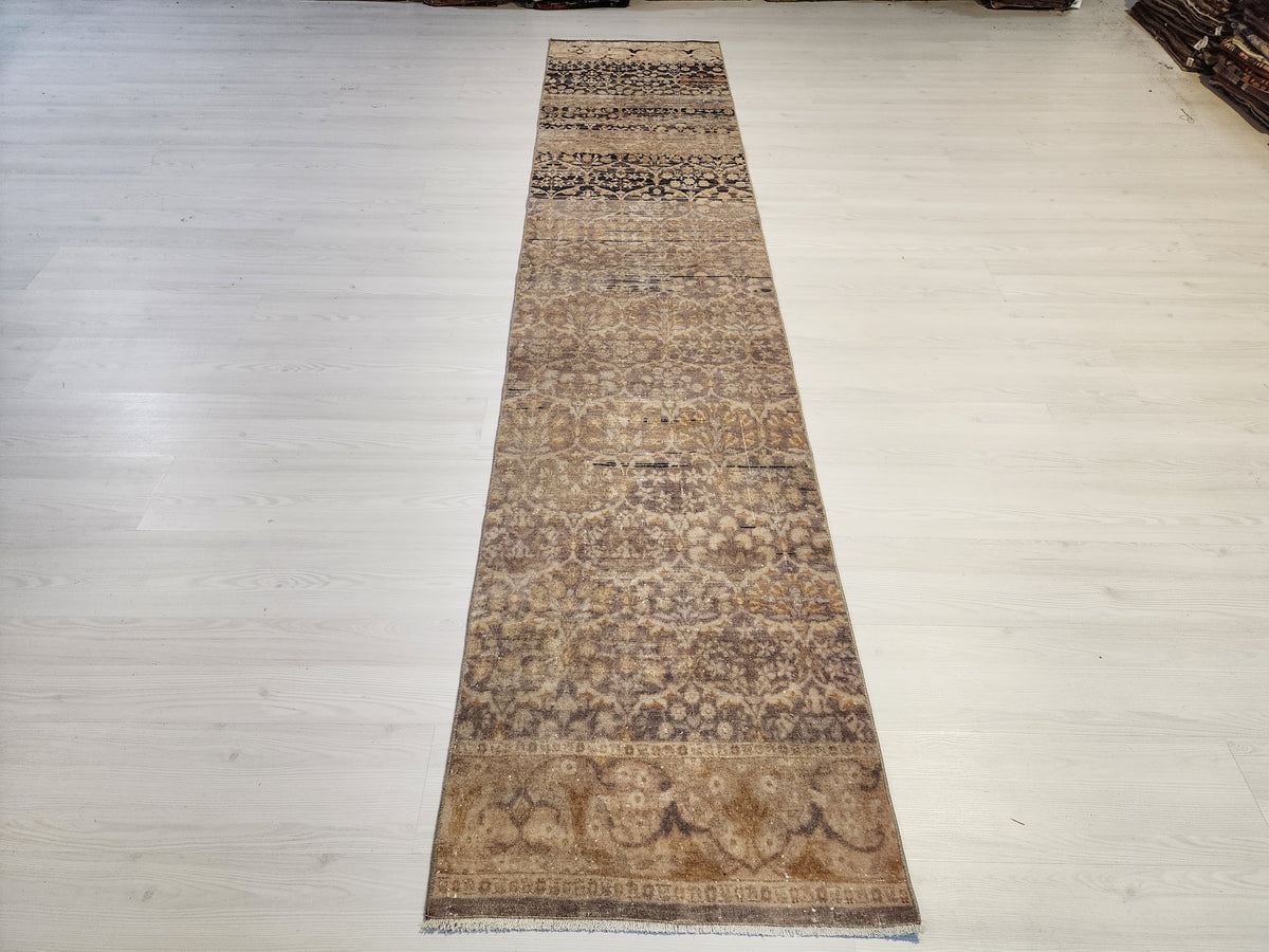 Vintage Turkish Hereke Runner Rug, Handknotted Wool, Muted Beige Brown Floral (2.2x10.3 ft)
