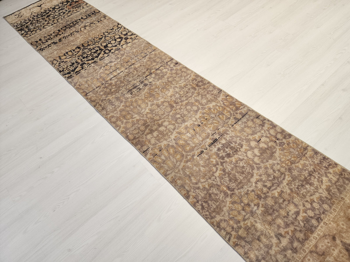 Vintage Turkish Hereke Runner Rug, Handknotted Wool, Muted Beige Brown Floral (2.2x10.3 ft)