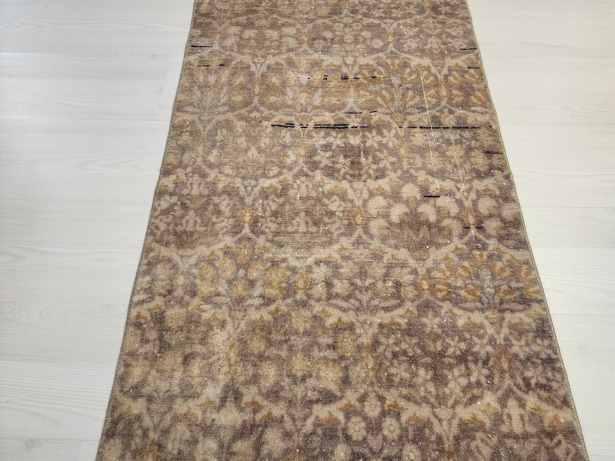 Vintage Turkish Hereke Runner Rug, Handknotted Wool, Muted Beige Brown Floral (2.2x10.3 ft)