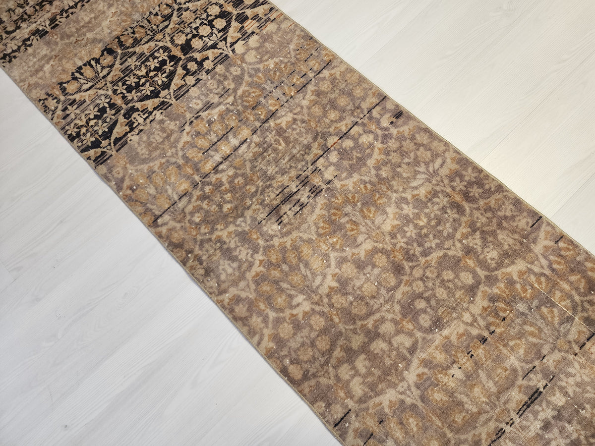 Vintage Turkish Hereke Runner Rug, Handknotted Wool, Muted Beige Brown Floral (2.2x10.3 ft)