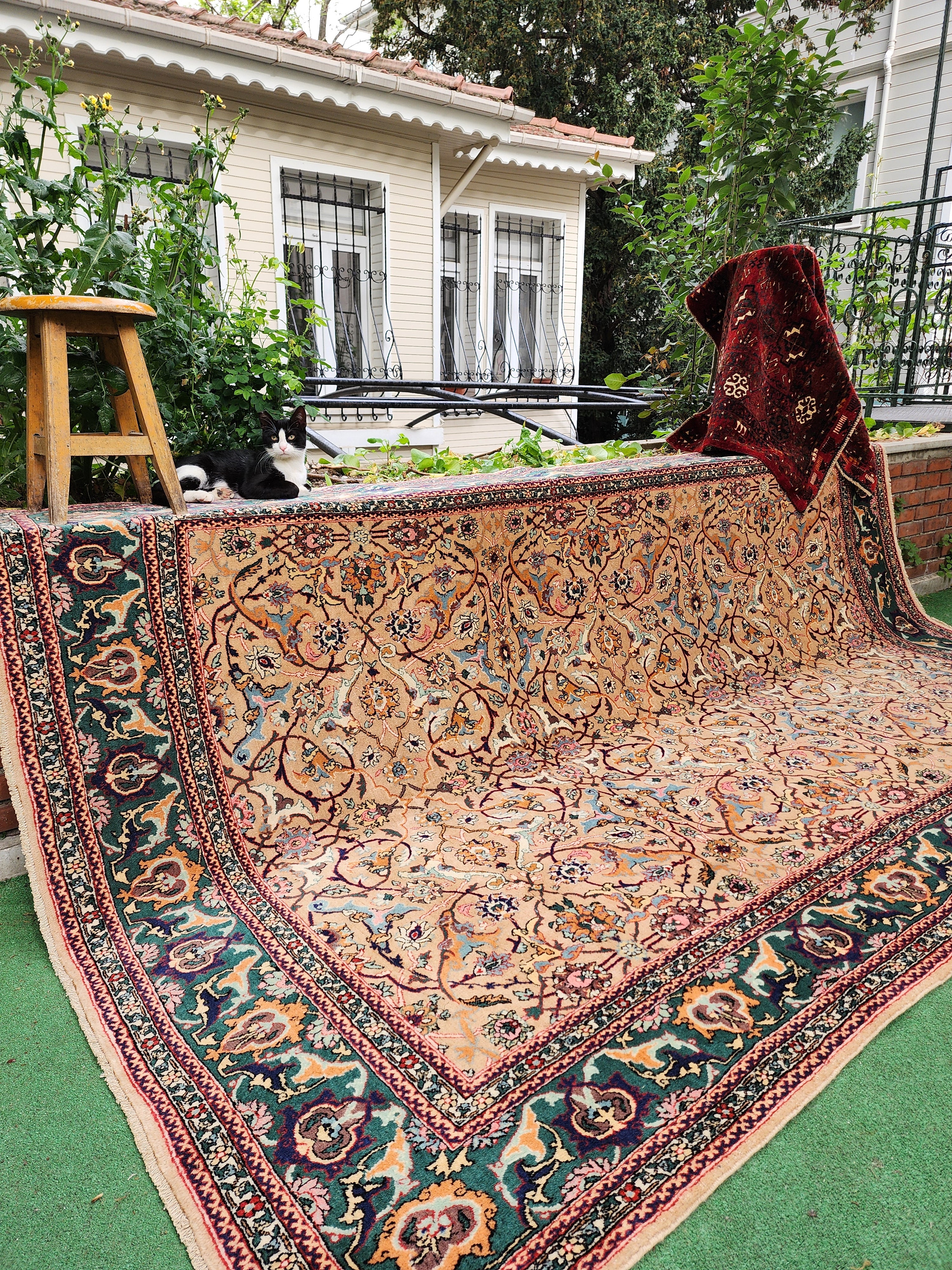 Antique Large Hereke Rug, 9 ft 10 in x 6 ft 4 in, Soft Pink and Green Late Ottoman Period Floral Rug