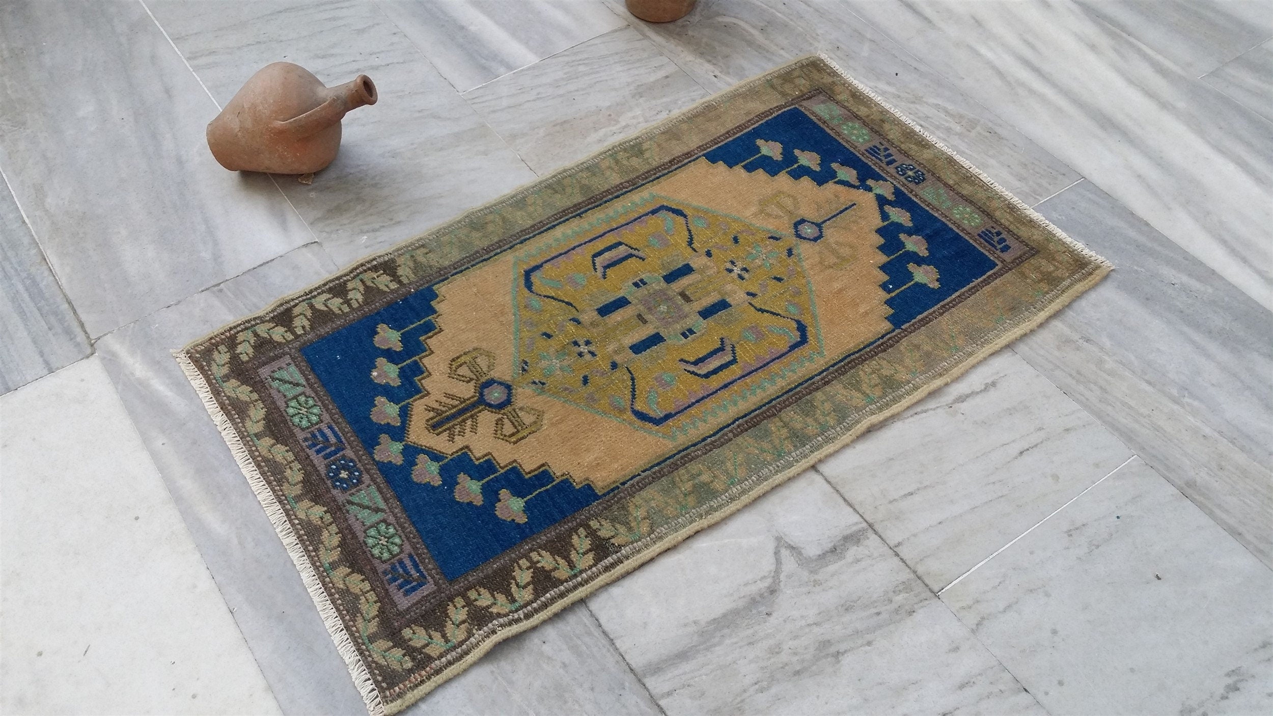 Vintage Turkish Small Rug, 3 ft 2 in x 1 ft 9 in, Pink, Green/Grey and Beige Faded Distressed Antique Style Mat