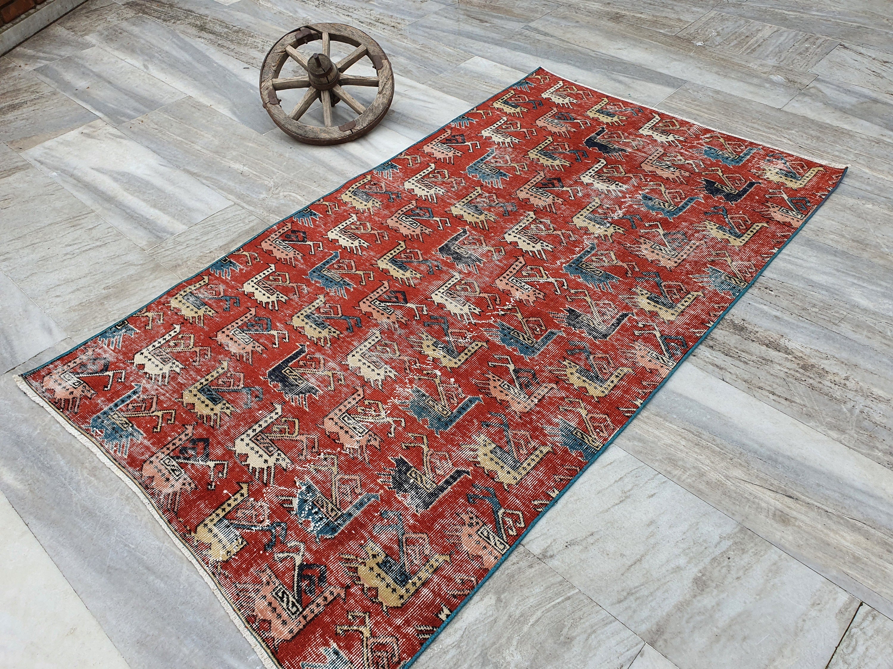 Turkish Area Rug for the Living Room, Vintage Tribal Nomadic Rustic Decor, Handmade Organic Wool Bohemian Moroccan Style Rug  6'3''x3'7"