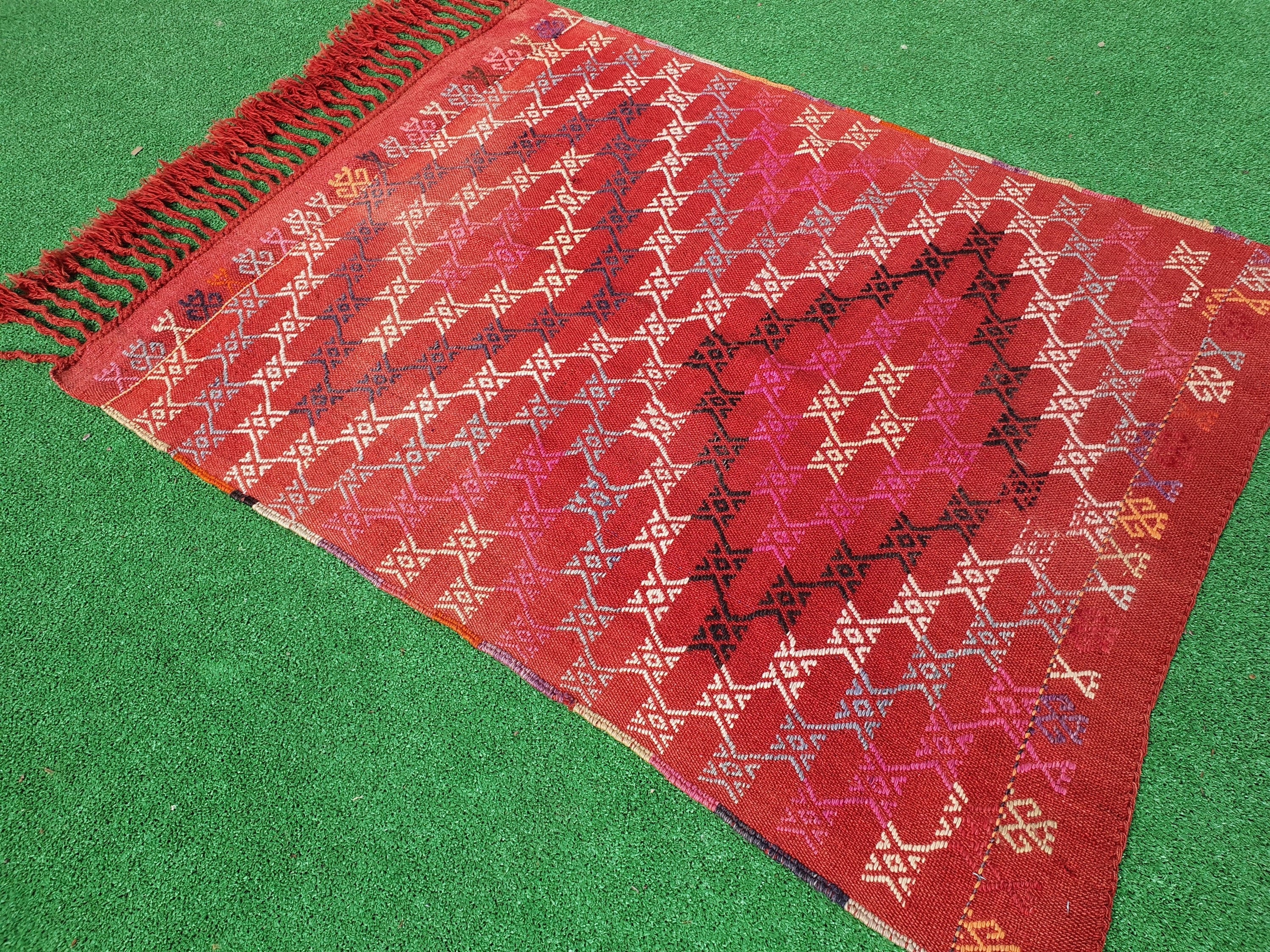 Turkish Kilim Rug, 3 ft 8 in x 3 ft, Embroidered Cicim Door Mat Rug