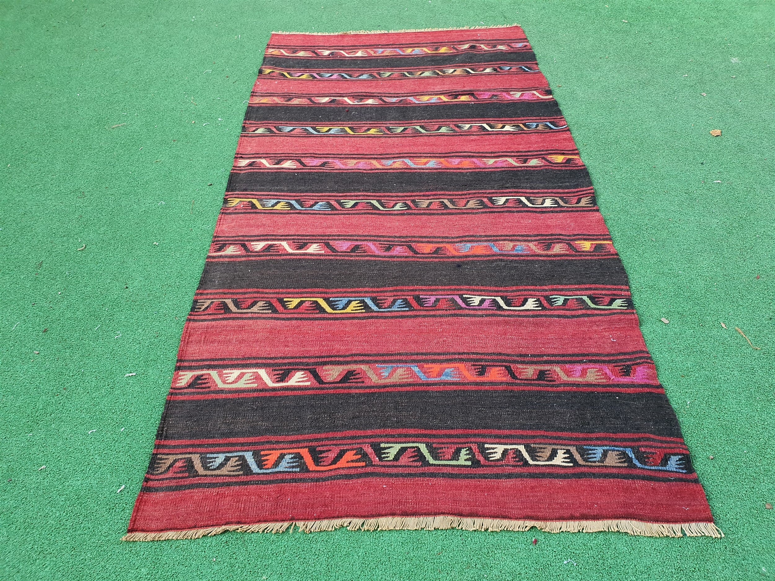 Afyon Turkey Kilim Rug, 6 ft 4 in x 3 ft 3 in,  Vintage Orange and Brown Striped Kilim