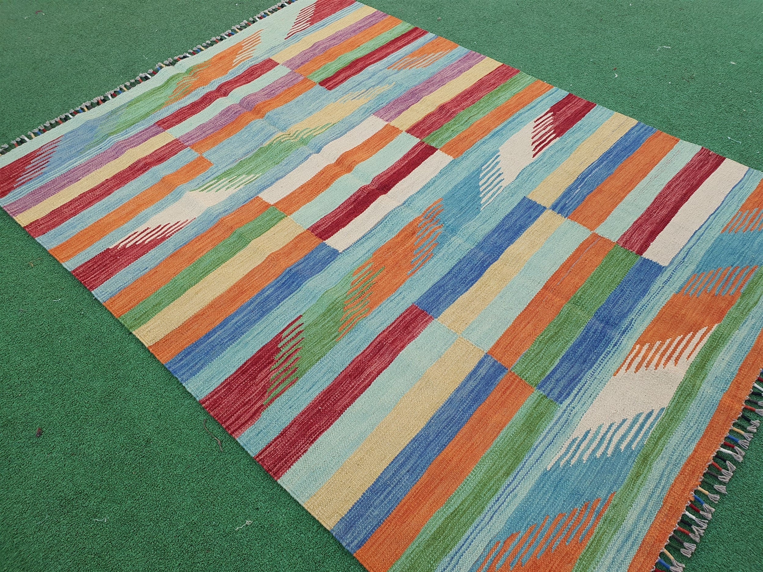 Oushak Vintage Kilim Rug, 6 x 4 ft Blue Red Beige Turkish Boho Retro Floor Rug for Living Room Kitchen Bedroom Persian Moroccan Home Decor