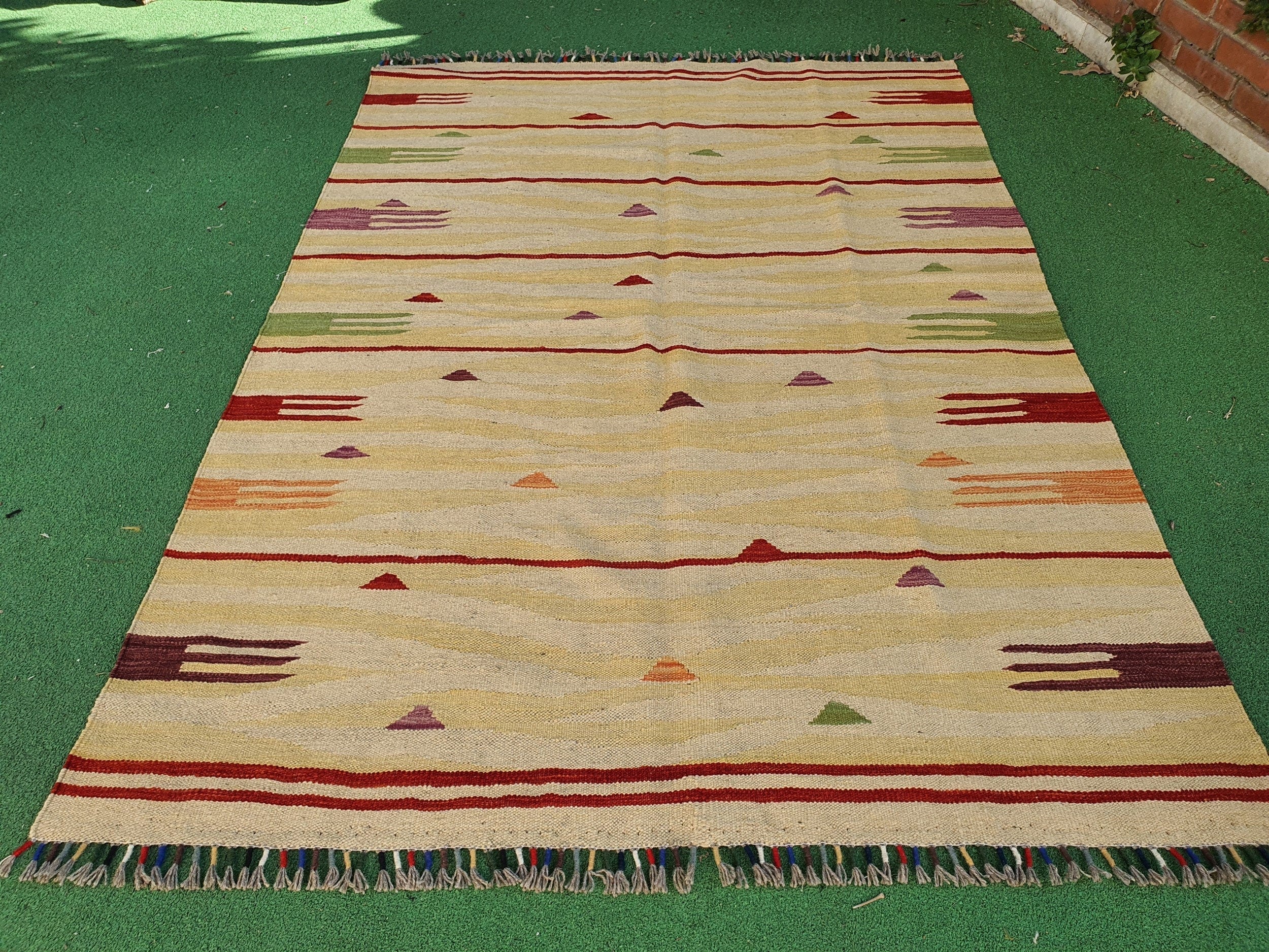 Oushak Vintage Kilim Rug, 6 x 5 ft Green Orange Tan Turkish Boho Retro Floor Rug for Living Room Kitchen Bedroom Persian Moroccan Home Decor