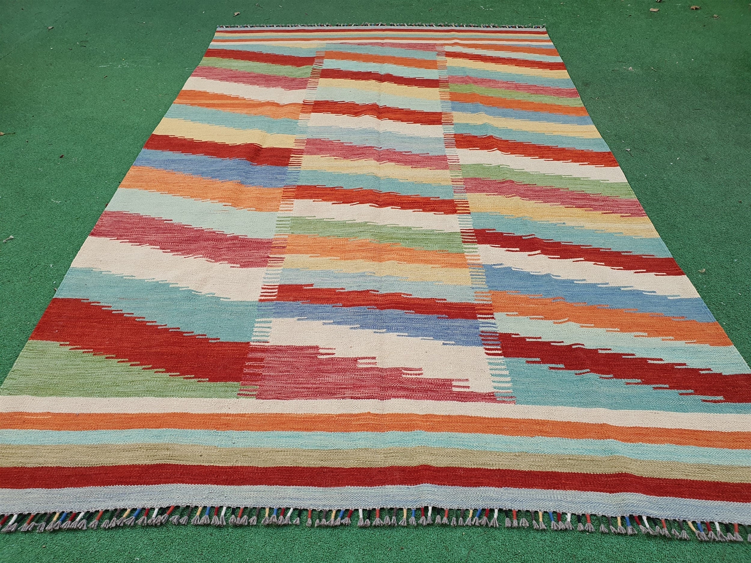 Oushak Vintage Kilim Rug, 9 x 6 ft Large Blue Red Beige Turkish Boho Retro Floor Rug for Living Room Kitchen Bedroom Persian Moroccan Decor