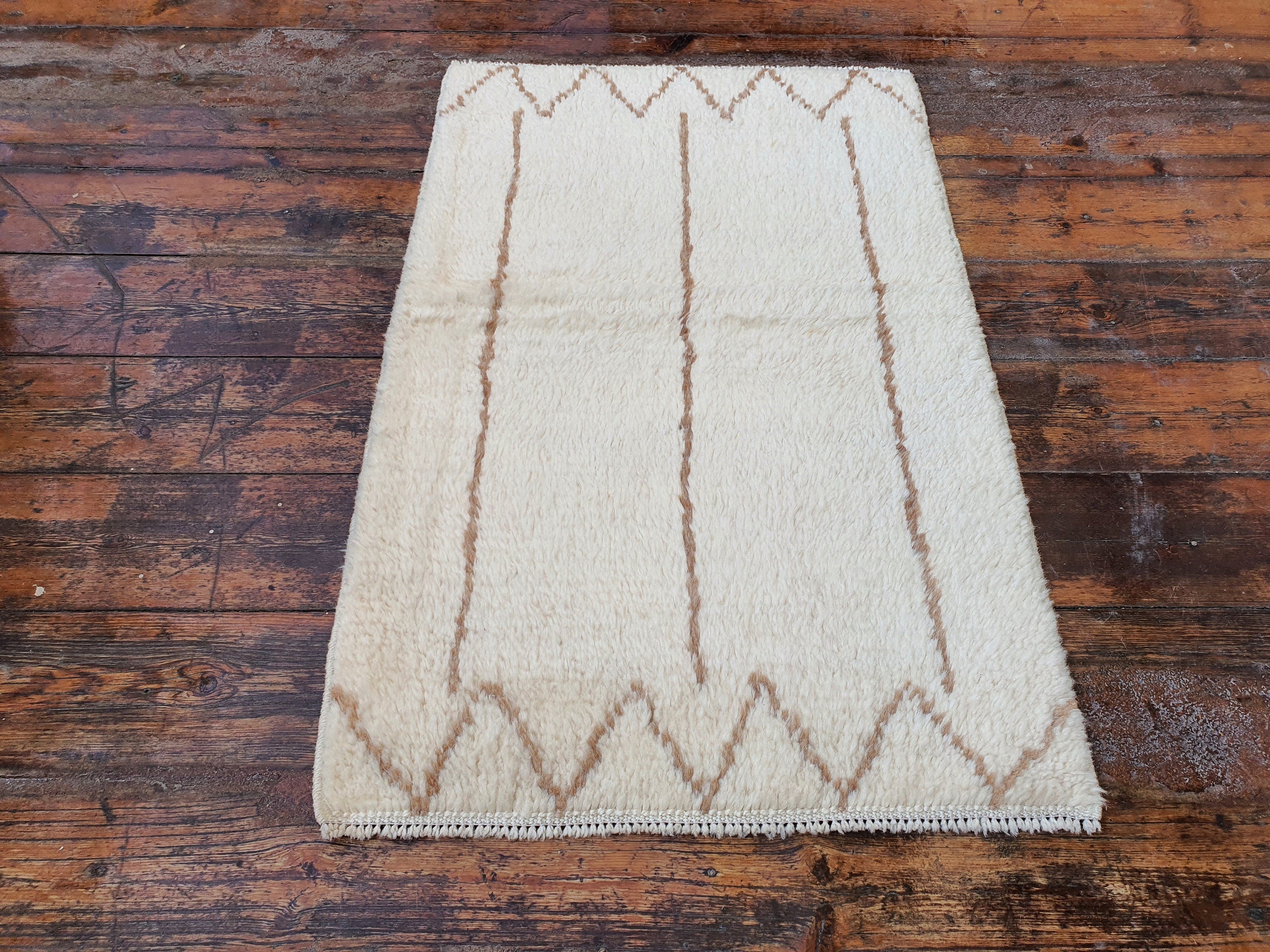 Turkish Filikli Rug,3 ft 2 in x 2 ft, Off White and Brown Turkish Tulu Shaggy Pile Kilim Rug