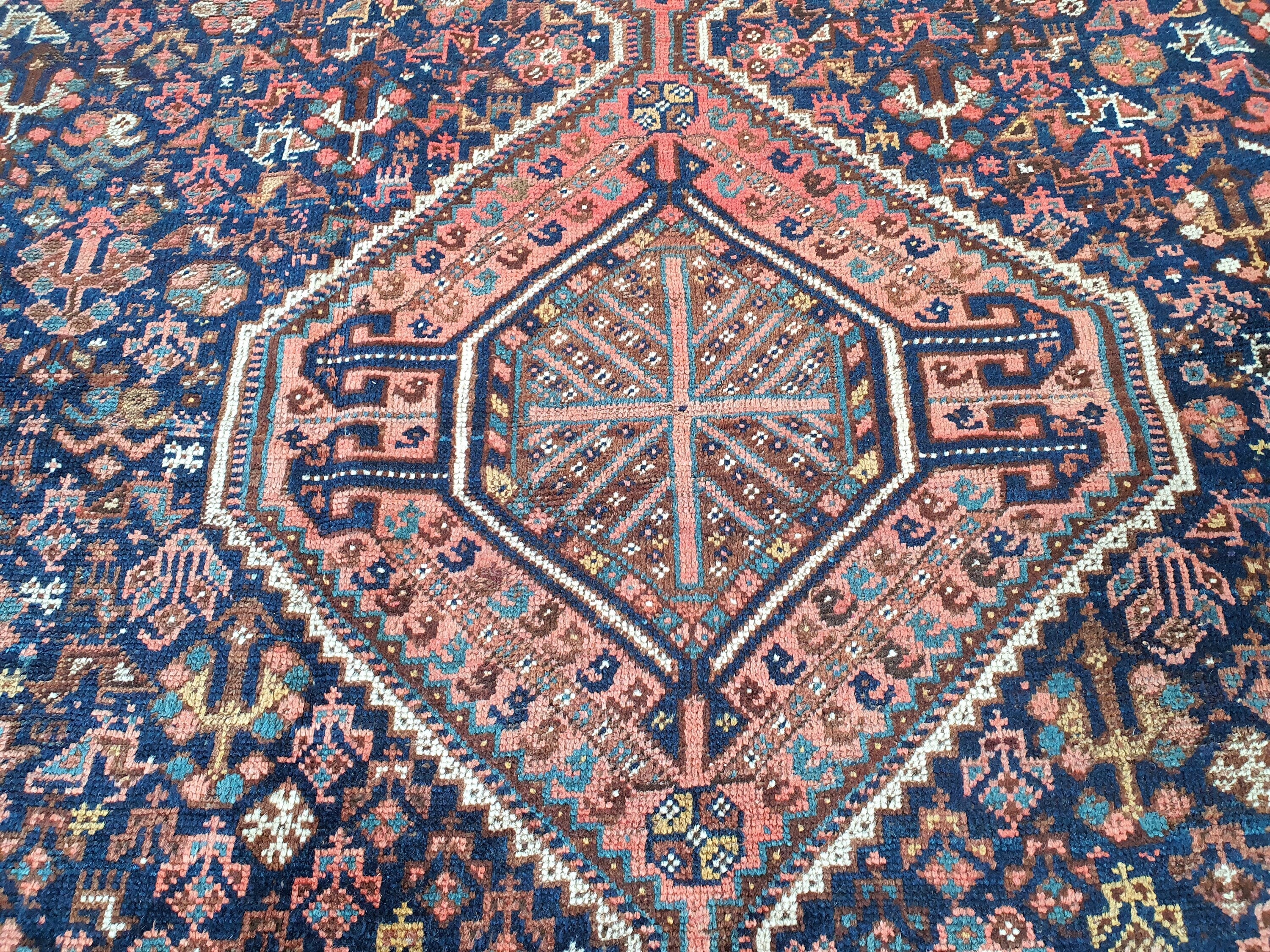 antique Persian Qashqai Wool Large Area Rug — back view
