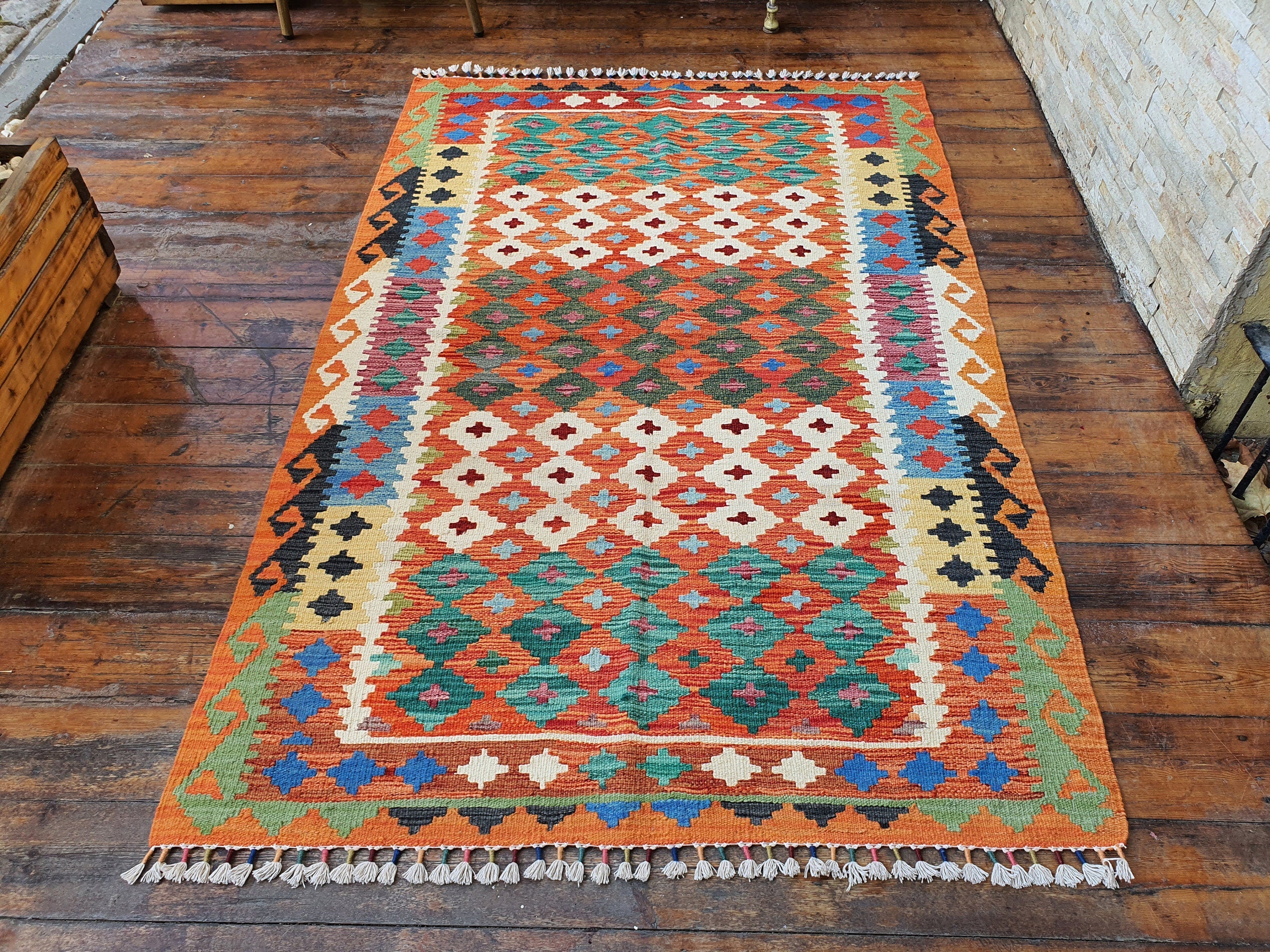 vintage Afghan Wool Small Rug — back view