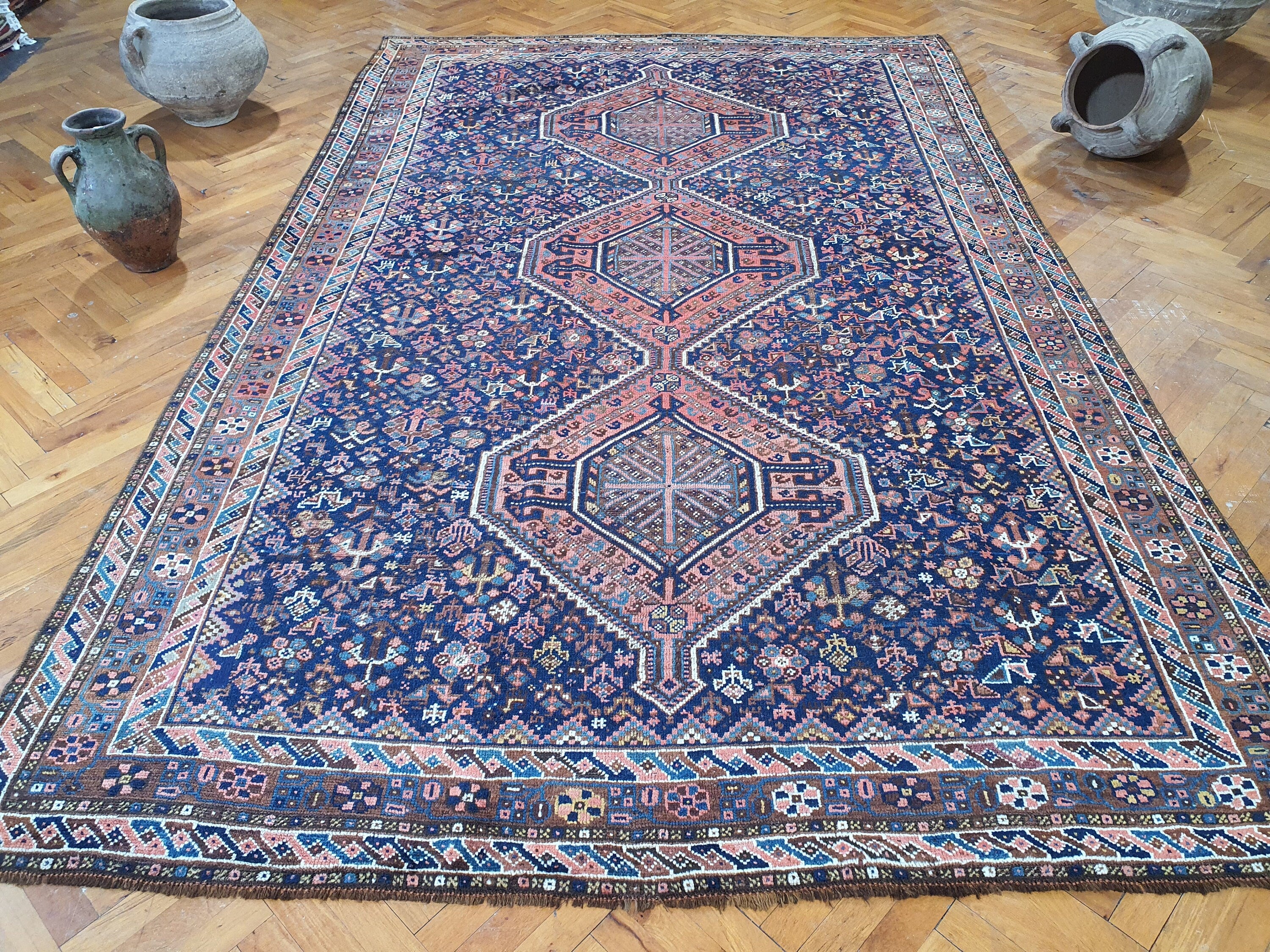 Lampsacena — Antique Persian Qashqai Wool Large Area Rug