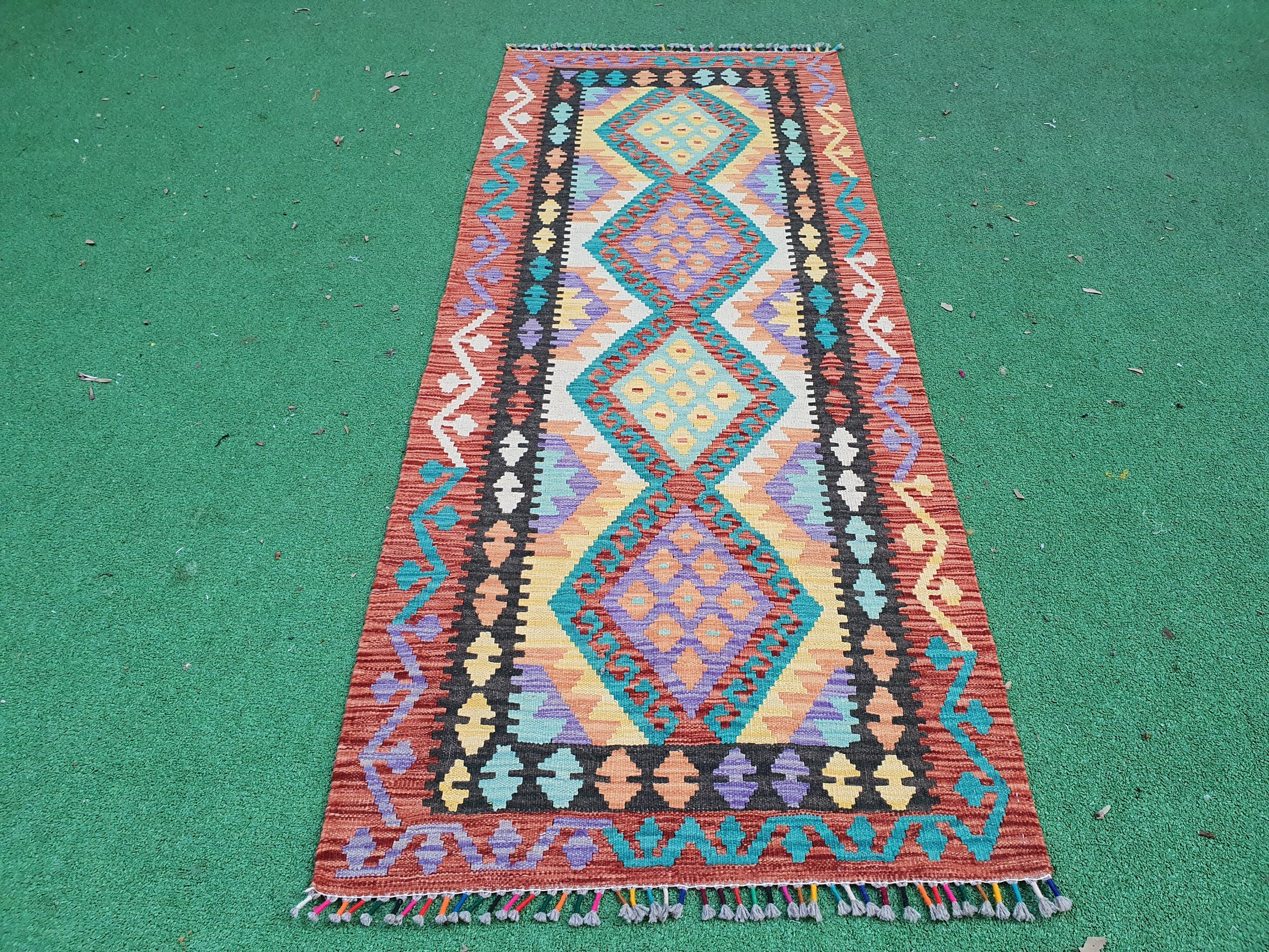 Purple Green Orange Kilim, Hallway Runner Rug 6'6"x2'7"