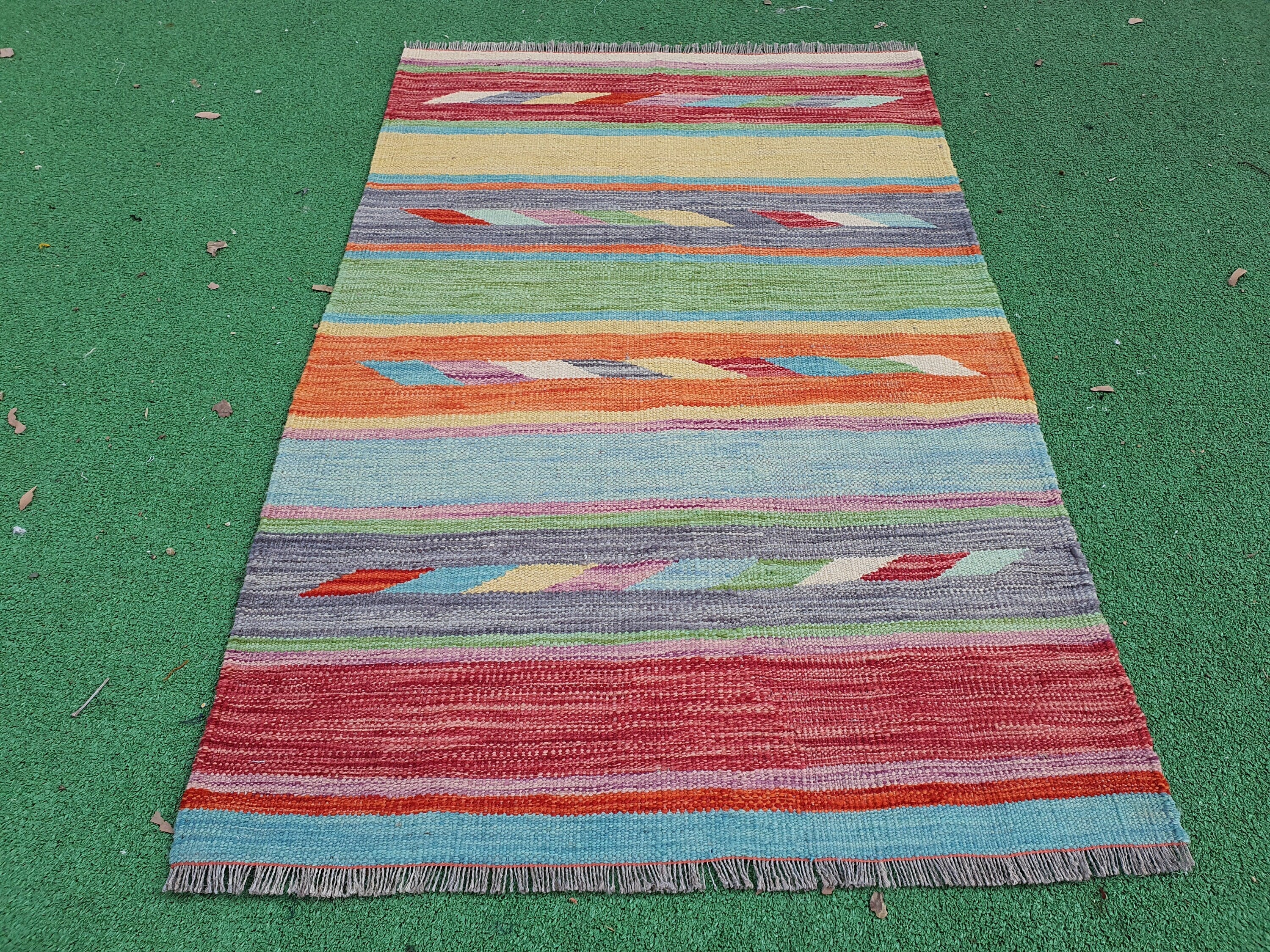 Oushak Vintage Kilim Floor Rug 4 x 3 ft Blue Orannge Red Natural Wool Persian Area Rug for Turkish Moroccan or Berber Boho Rustic Home Decor