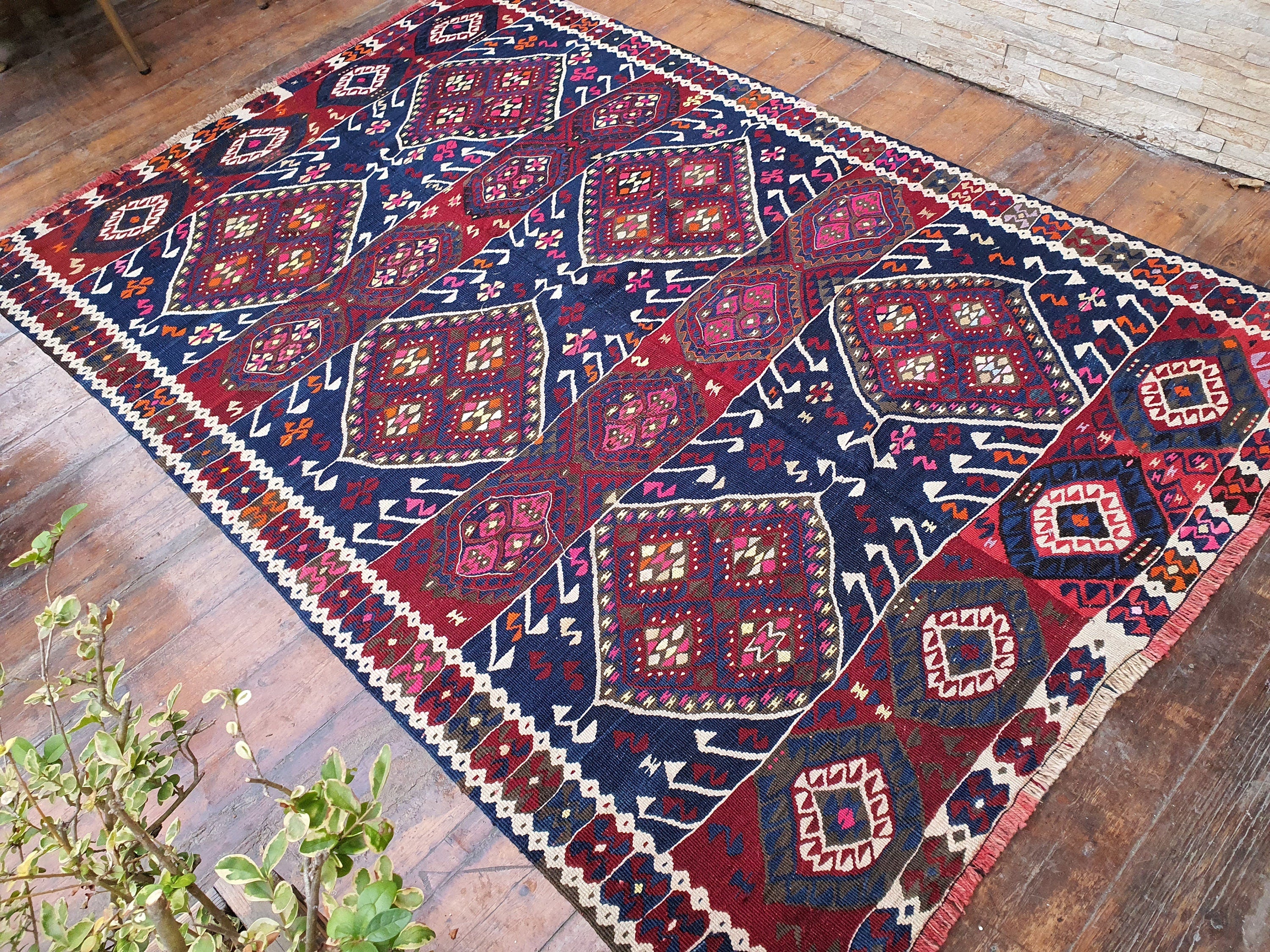 Van Turkish Kilim Rug 7 x 4 ft Handmade Natural Wool Persian Area Rug, Tribal Nomadic Boho Rustic Decor Moroccan Berber Living Room Rug
