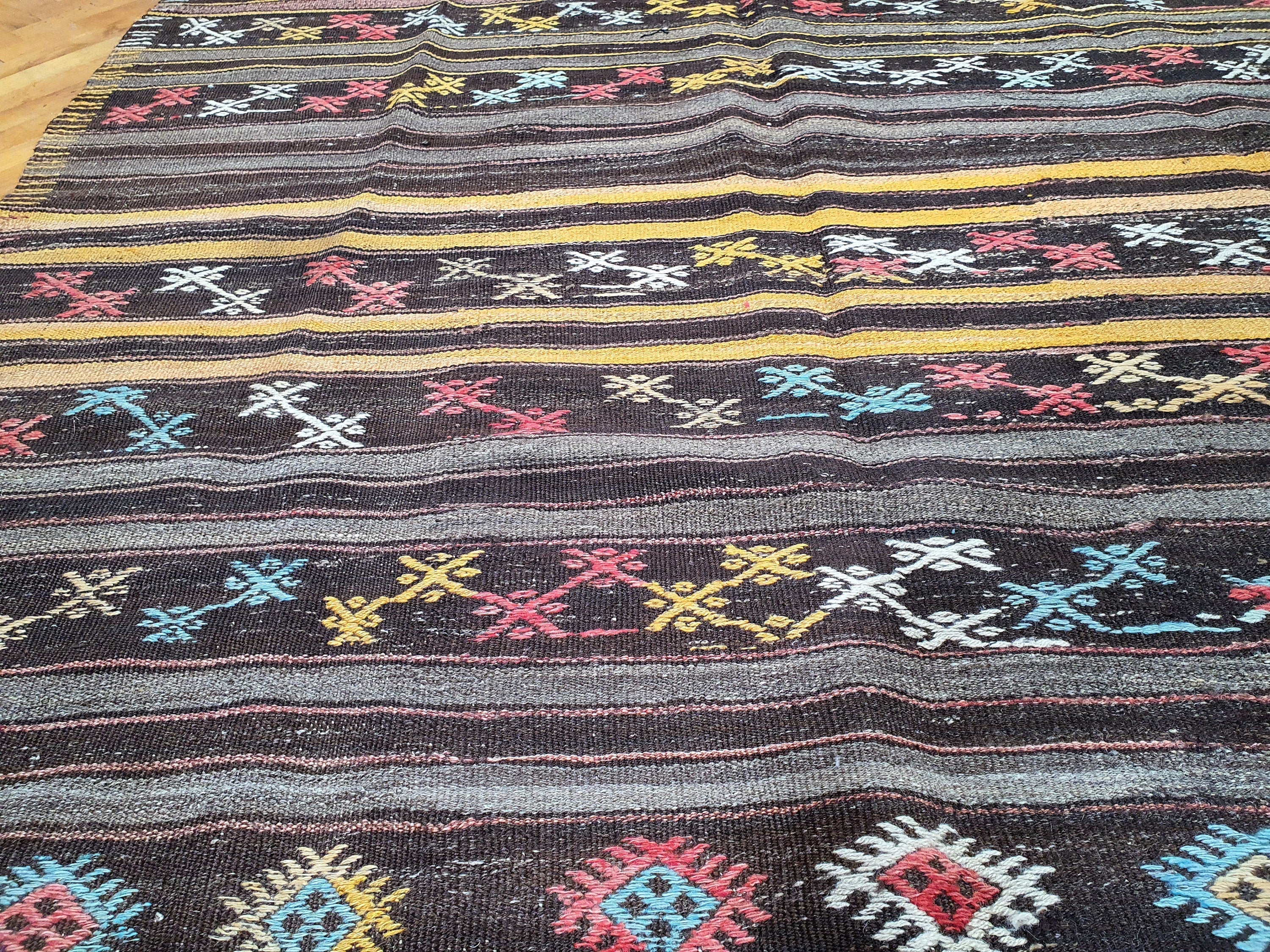 Vintage Balikesir Turkish Kilim Rug 11 x 5 ft, Brown Grey Yellow Embroidered Anatolian Handmade Wool Rug, Boho Rustic Decor Persian Area Rug