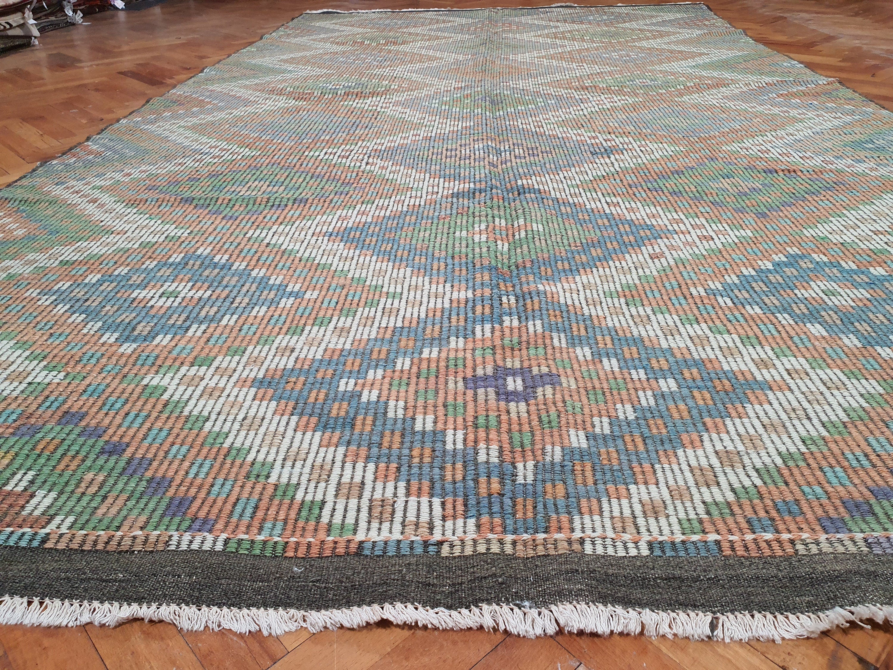 Vintage Balikesir Turkish Kilim Rug 11 x 6 ft, Green Beige Pink Embroidered Anatolian Handmade Wool Rug, Boho Rustic Decor Persian Area Rug