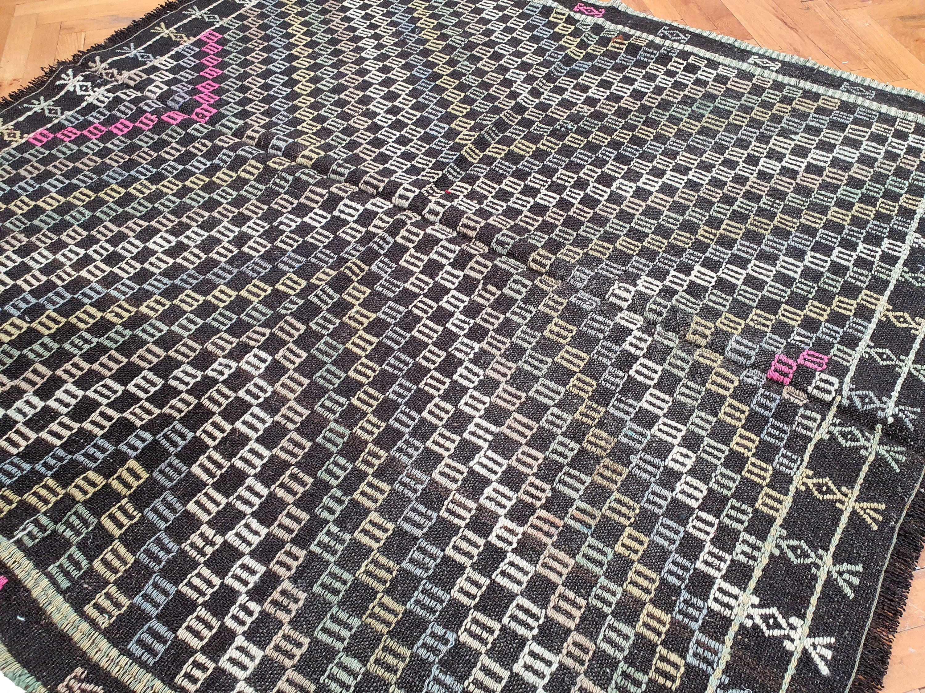 Turkish Kilim Rug 5 x 4 ft Brown Blue and Pink Natural Wool Embroidered Vintage Cicim Floor Rug for Bohemian or Retro Home Decor