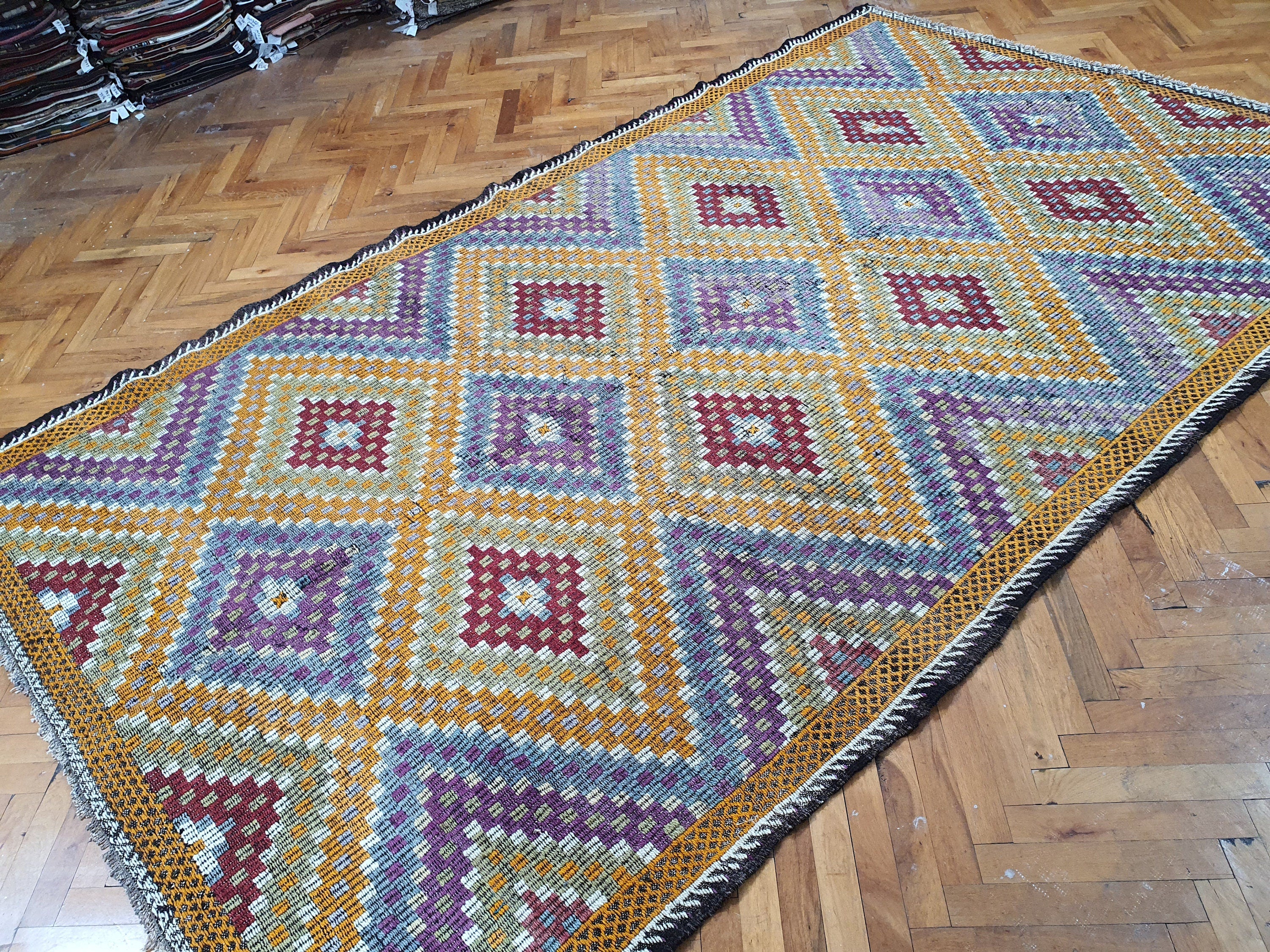 Turkish Kilim Rug 9 x 6 ft Orange Red & Blue on Purple Natural Wool Embroidered Vintage Cicim Floor Rug for Bohemian or Retro Home Decor
