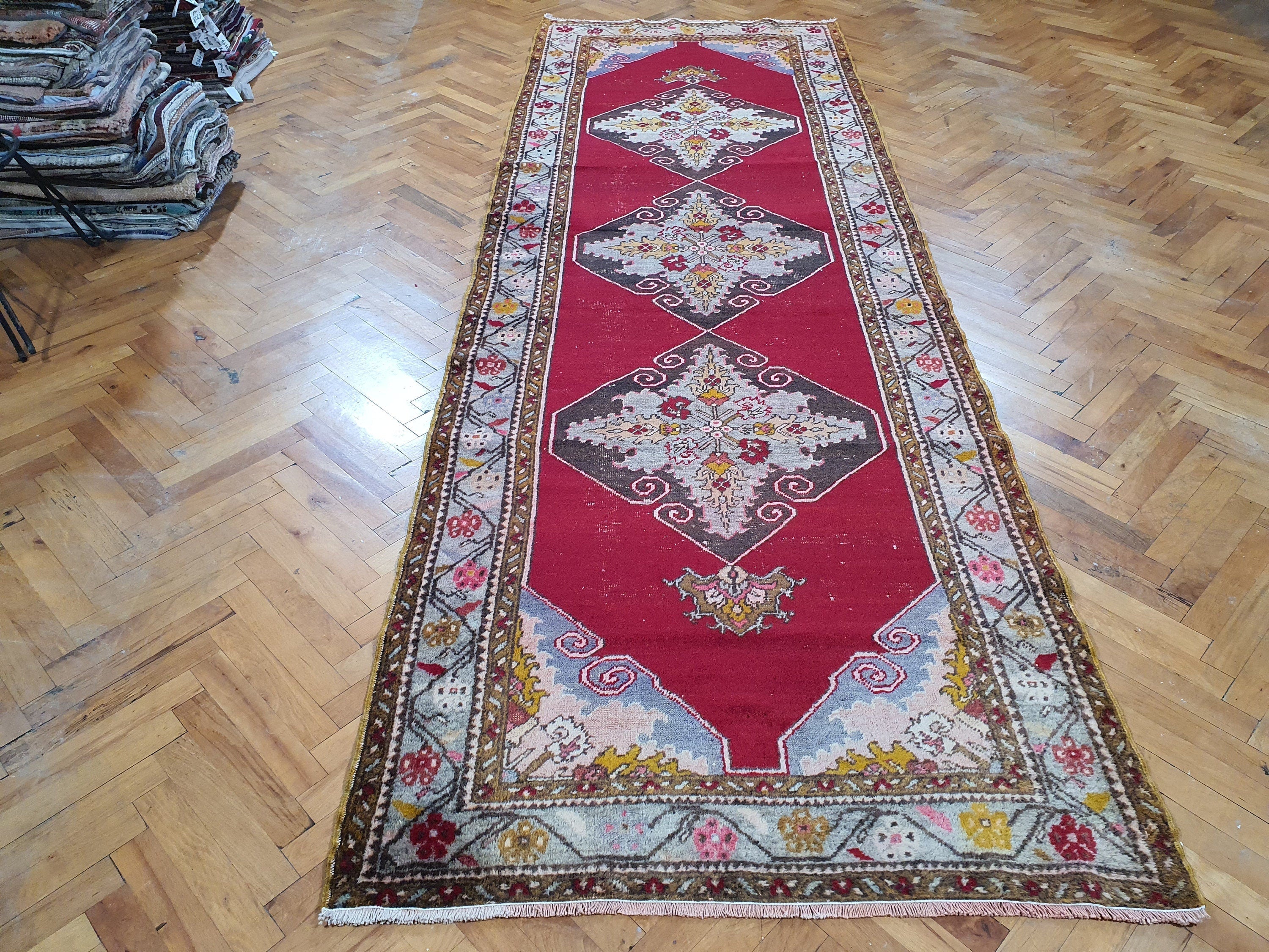 Sivas Turkey Hallway Runner, 10 x 3 ft Red Blue Brown Long Entryway Rug, Boho Rustic Handmade Natural Wool Persian Medallion Motif Corridor