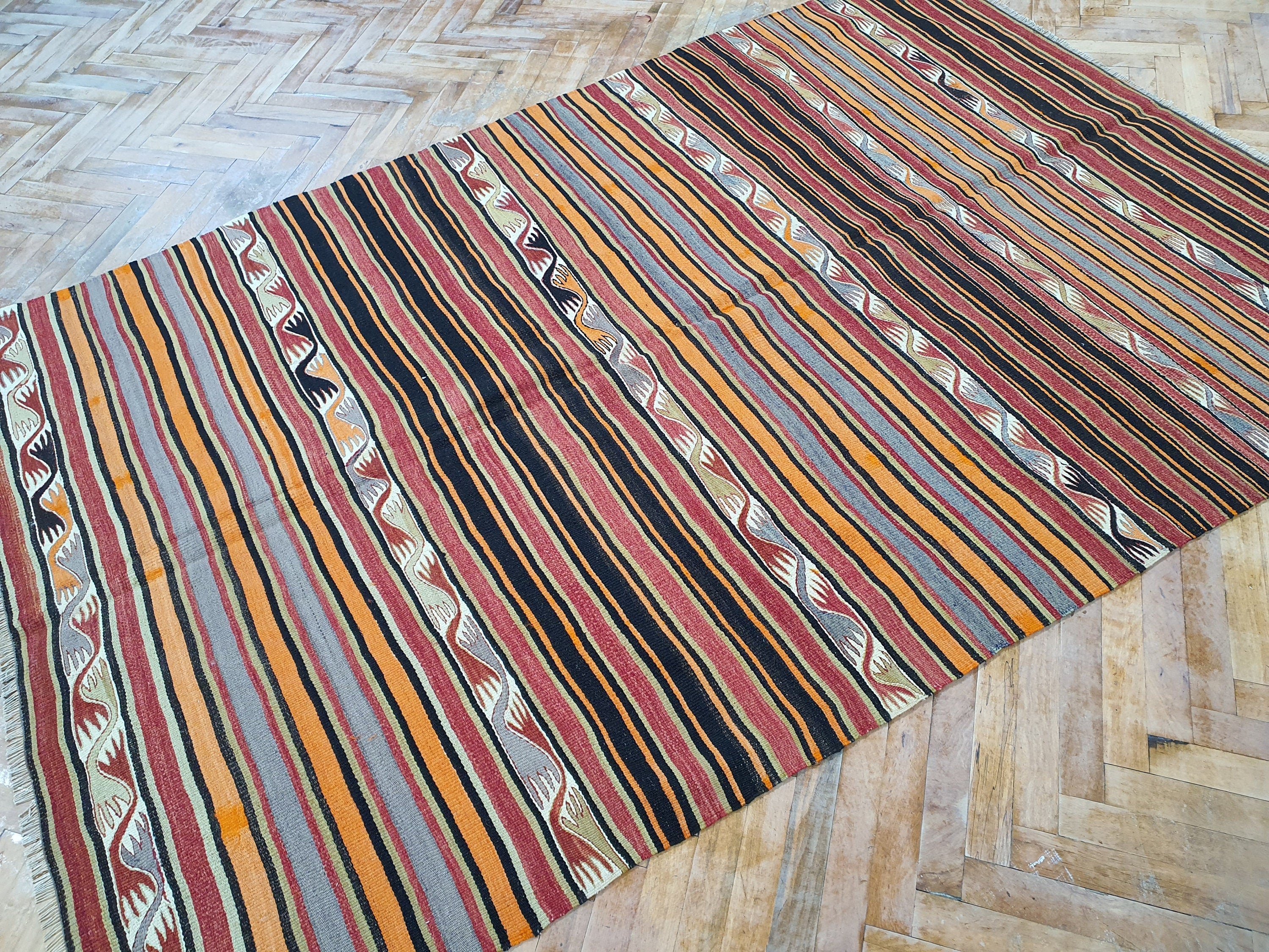Vintage Decor Persian Area Kilim Living Room, Moroccan Style Handwoven Wool Rug, Bohemian Decor Rustic Rug, Colorful Turkish Rug 7'5''x'5'ft